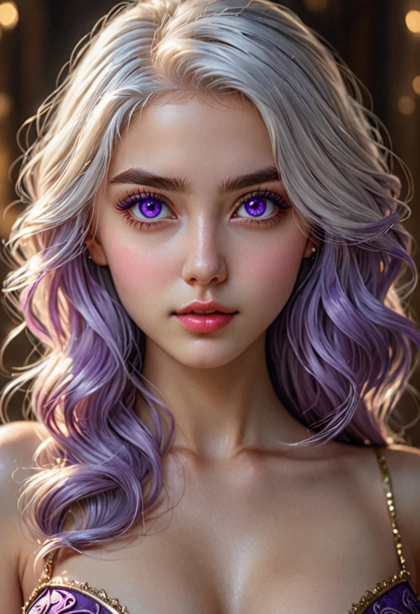  (hyperrealistic), (illustration), (high resolution), (8K), (extremely detailed), (best illustration), (beautiful detailed eyes), (best quality), (ultra-detailed), (masterpiece), (wallpaper), (photorealistic), (natural light), (detailed face), (high detailed realistic skin texture), (anatomically correct), (solo), (1 girl:1.52), (high detailed realistic hair), (white hair:1.35), (heterochromic eyes), (detailed eyes), (purple eyes:1.37), (sparkling eyes), (realistic huge breasts:1.53), (slender abs), (dynamic pose), (closed tiny mouth:1.3), (concentrated expression), (upon body from head to thigh:1.51), (dimple:1.34), showing full hot body 