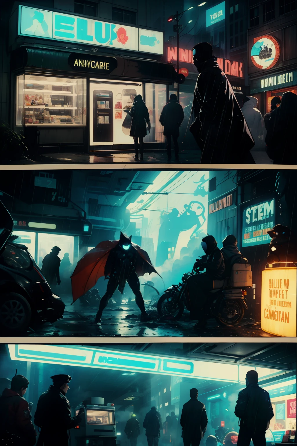 ((highest quality)), ((masterpiece)), (be familiar with), (High definition), (Accurate), (Realistic), (Cinematic), (Best Shadow), (Low contrast), (8K), Perfect Face, ((SYD MEAD style)), manga、mangaデザイン、Storyboard、Frame division、(Crouching), ((A woman crouching and hiding in the shadows))、(Replicant), (Replicant), ((Black Hair, very short hair, Blue Eyes)), (Police black hooded raincoat), (Glittering neon signs)、congestion, congestion, Decadent Future City, NEO TOKYO, A.D.2051, (steam:1.2), It's raining white, evening, 