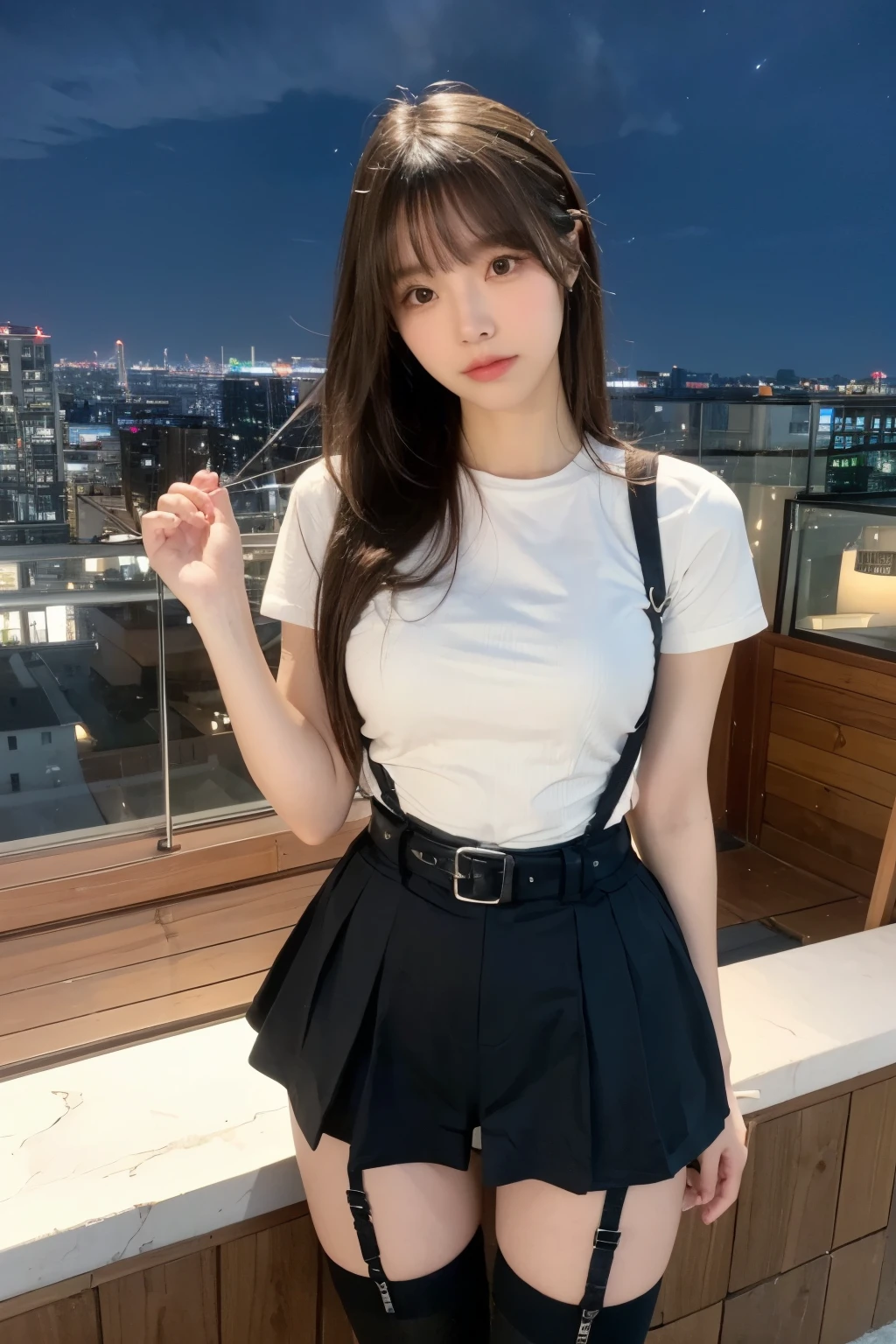 ((Midnight, highest quality, 8k, masterpiece :1.3)), whole body, Long legs, Sharp focus :1.2, Beautiful woman with perfect figure :1.4, Slim Abs :1.1, ((Dark brown hair, Big Breasts :1.2)), (White tight T-shirt, Jean Bib, Are standing:1.2), ((Night city view, rooftop:1.3)), Very detailedな顔と肌の質感, Fine grain, Double eyelids one girl,highest quality,masterpiece,figure,Very delicate and beautiful,CG,Unity,8k wallpaper,wonderful,In detail,masterpiece,Official Art,Very detailed CG Unity 8k wallpaper,Incredibly absurd,Large file size,Very detailedな,High resolution,Very detailed,Beautiful detailed girl,Realistic,from the front,Outdoor, suspenders Large swollen breasts Black mini skirt garter belt Knee-high socks bangs Beauty Hands up Black boots one person Dress shirt Hands Behind Back put your hands behind your back With your hands behind your back Armament holster A room at the Belt Hotel Bed Wall side