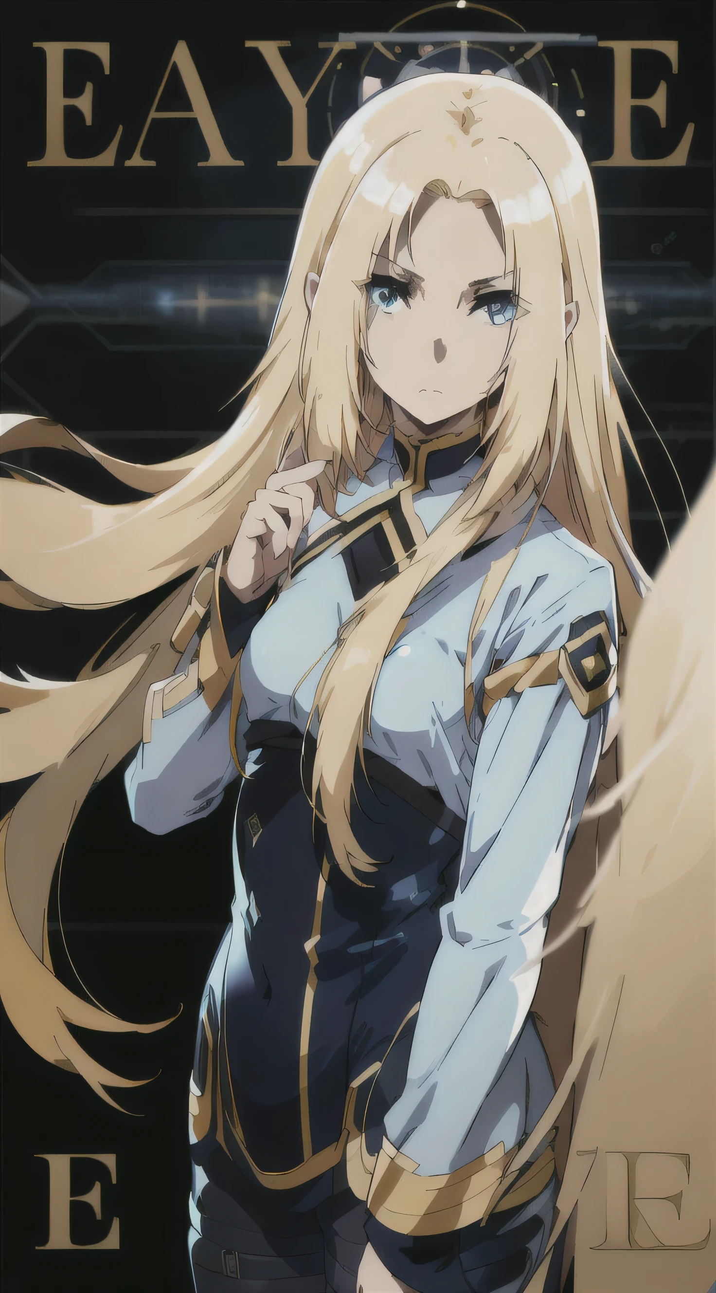 Trailer Cover,Realistic,White Air Force Uniform,(Realistic Face Resolution),Posing Cinematic,Adult,Skinny,Small,(Alpha, Blonde Long Hair,Blue Eyes),Serious Face,Science Fiction,Sci-fi,Different Characters