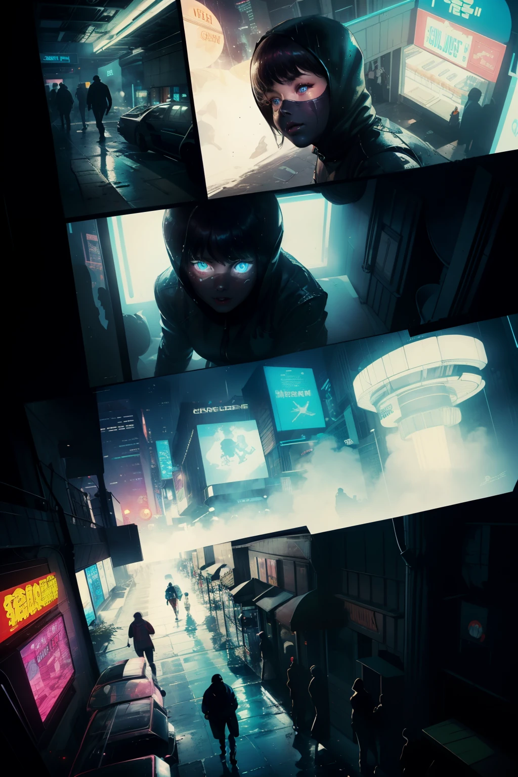 ((highest quality)), ((masterpiece)), (be familiar with), (High definition), (Accurate), (Realistic), (Cinematic), (Best Shadow), (Low contrast), (8K), Perfect Face, ((SYD MEAD style)), manga、mangaデザイン、Storyboard、Frame division、(Crouching), ((A woman crouching and hiding in the shadows))、(Replicant), (Replicant), ((Black Hair, very short hair, Blue Eyes)), (Police black hooded raincoat), (Glittering neon signs)、congestion, congestion, Decadent Future City, NEO TOKYO, A.D.2051, (steam:1.2), It's raining white, evening,