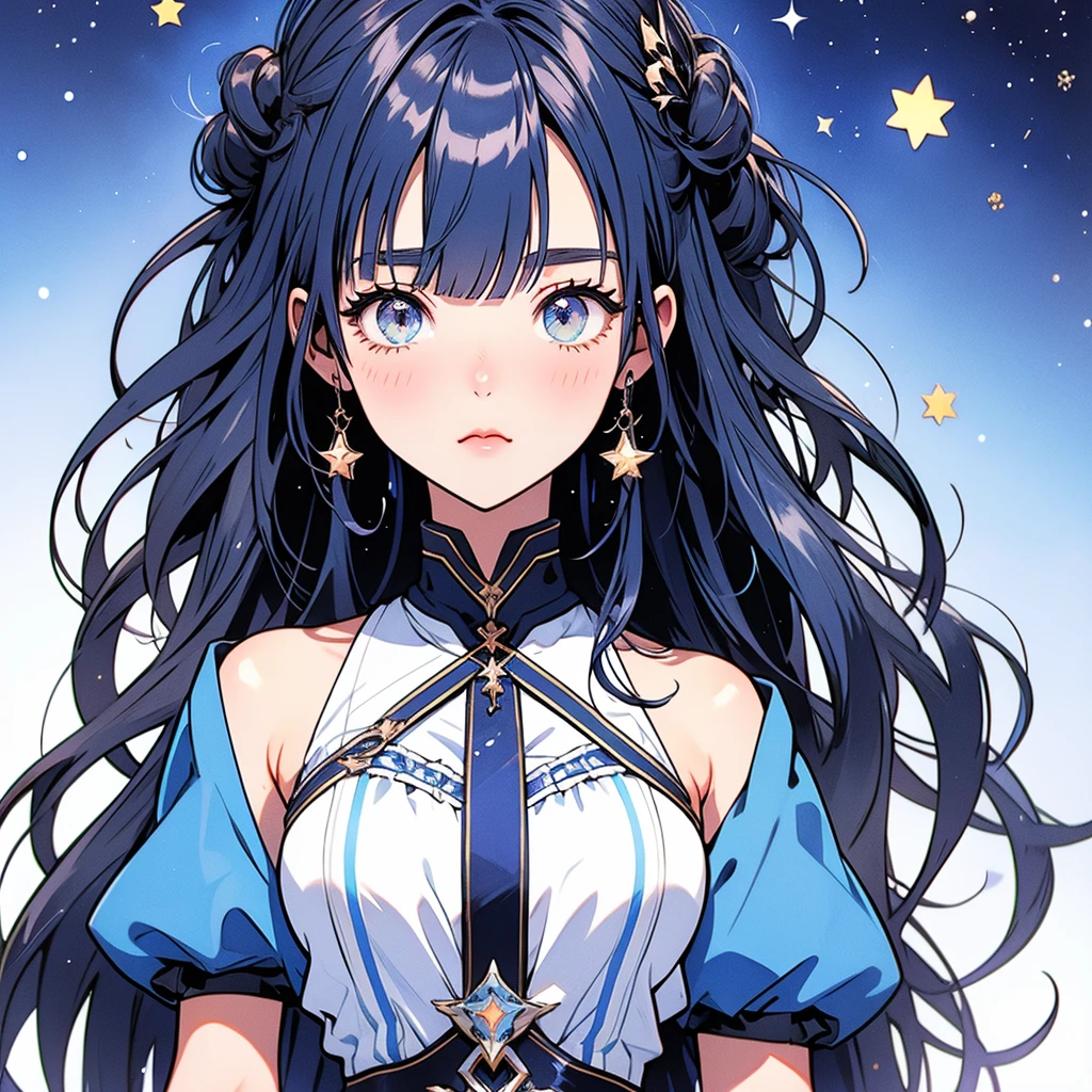 Star Fairy、vtuber-halfbody、Bangs shorter than eyebrowasterpiece、Best Quality、Best illustrations、Super detailed、Upper Body、solo、1 girl、looking at the camera、upright、Arms at your sides、Beautiful detailed eyes、Concept Art、from the front、White background、Simple Background、Droopy eyes and big eyes、Super detailedな眼、Sparkling eyeilky white and blue gradient long hair、Short sleeve、water colored pencils、kind face、blush、Virtual YouTuber、