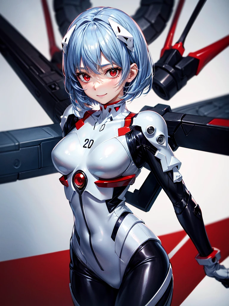 Masterpiece, highest quality, 8K, detailed skin texture, fine cloth texture, beautiful detailed face, intricate details, super detailed, portrait of Rei Ayanami, blue hair, red eyes, looking far away, no background, Evangelion Wearing a plug suit when riding, plug suit, whole body visible, standing, arms crossed, 15 years old, beautiful, cute, great style, smiling,composition that shows the whole body,