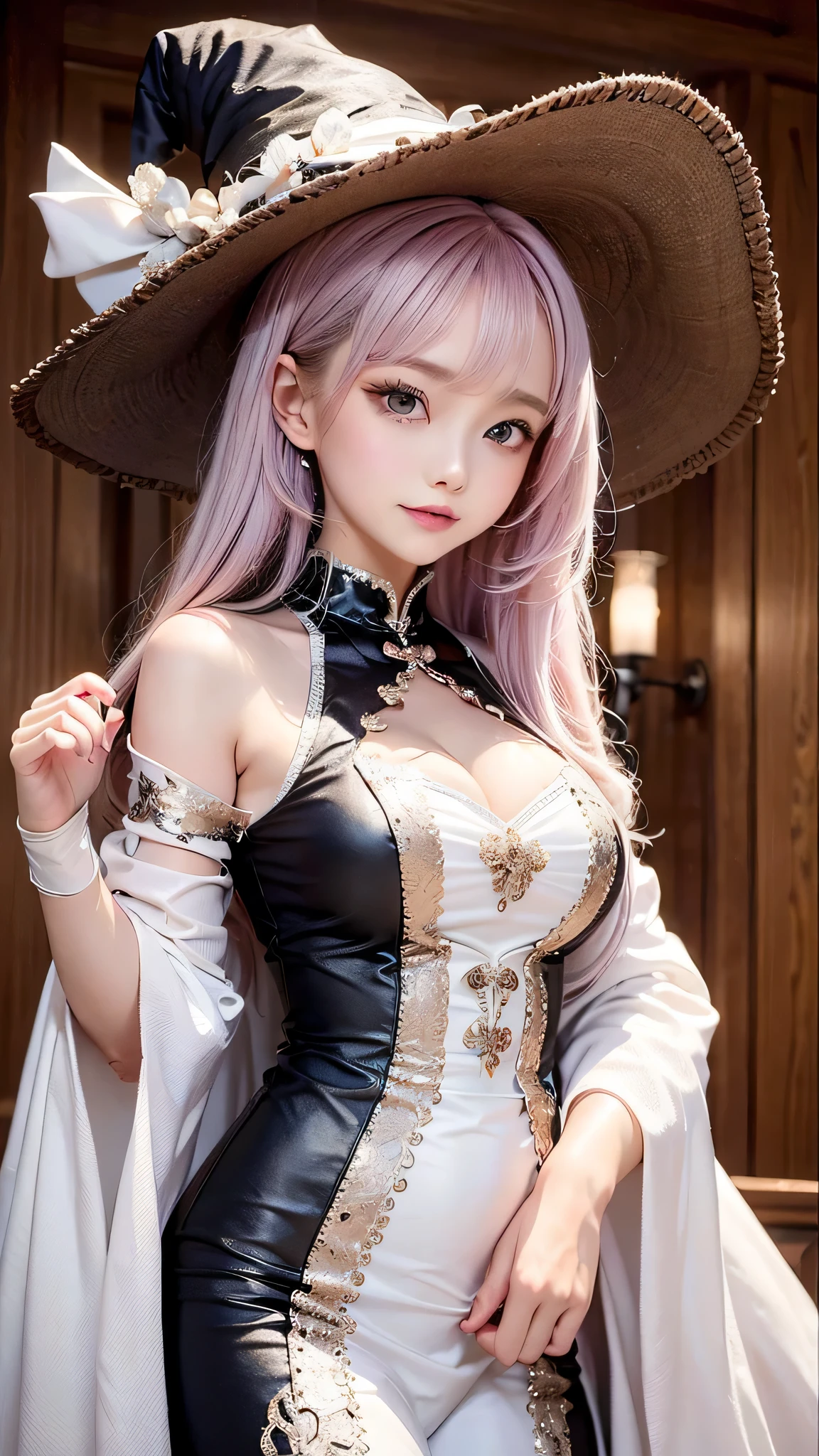 (masterpiece), (Artwork), (great work), (Fine grain), (Delicate skin), (heterochromatic eyes), (Multicolor), (Short white hair with bangs), (Sparkling eyes), (One girl) Wearing a witch hat, Ancient, old, Dressed in gorgeous medieval costume, masterpiece, highest quality, Best Designer, Best illustrations