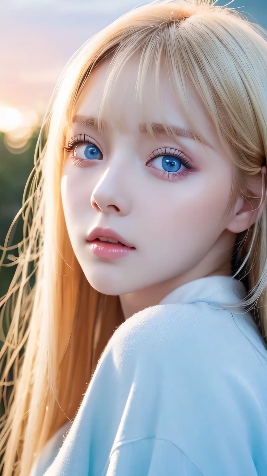 highest quality、Ultra-high resolution、(Photorealistic:1.4)、(ulzzang-6500:1.0)、blonde super long、Very beautiful bright and shining pale sky blue big eyes
