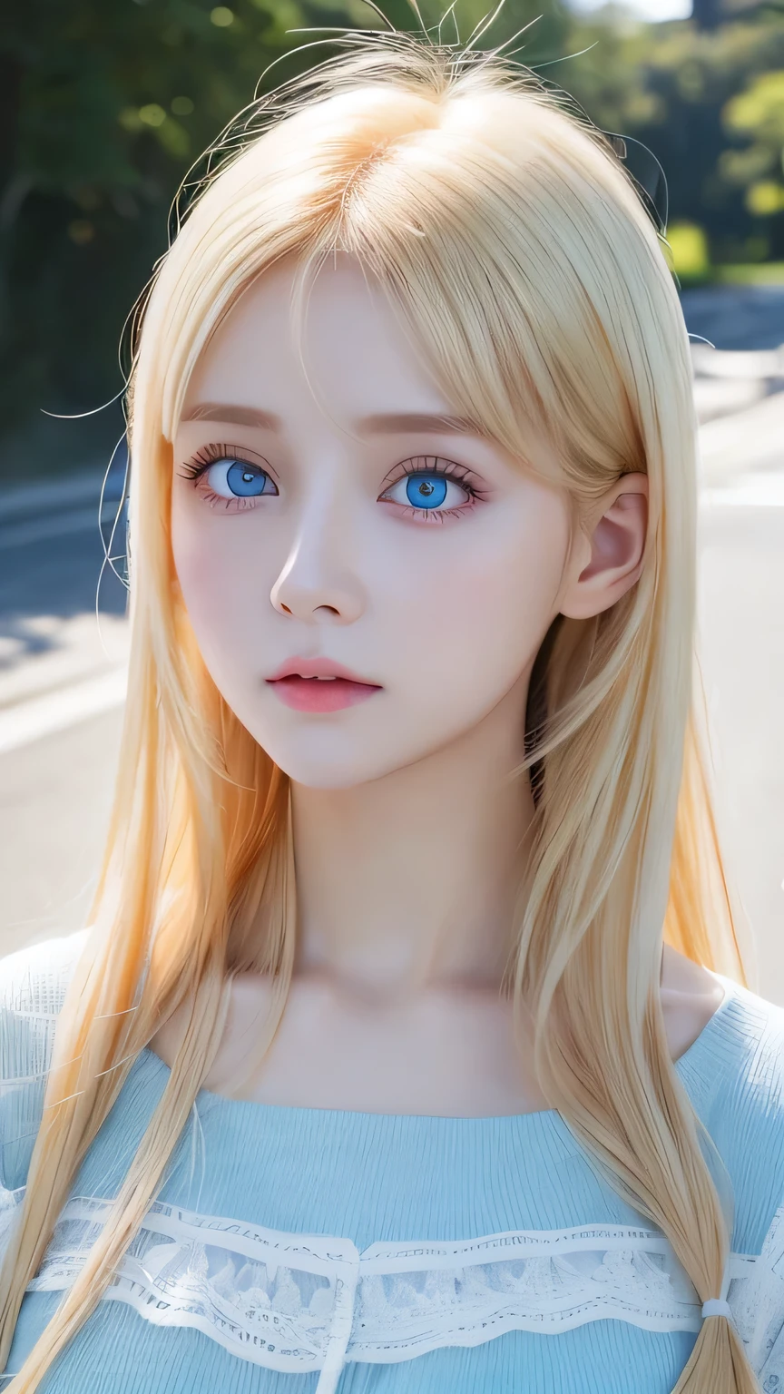 highest quality、Ultra-high resolution、(Photorealistic:1.4)、(ulzzang-6500:1.0)、blonde super long、Very beautiful bright and shining pale sky blue big eyes