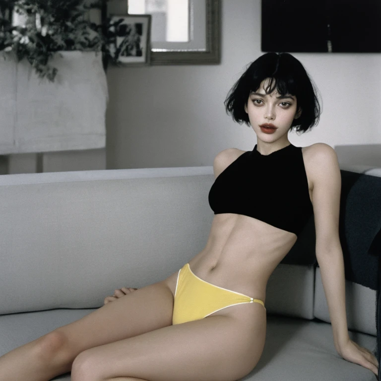 arafed woman in a yellow bikini sitting on a couch, davide sorrenti, hellmut newton, by Thierry Bisch, by Apollonia Saintclair, photography of bill brauer, inspired by Apollonia Saintclair, by Paul Wunderlich, 2 , photography of charline von heyl, steven meisel
