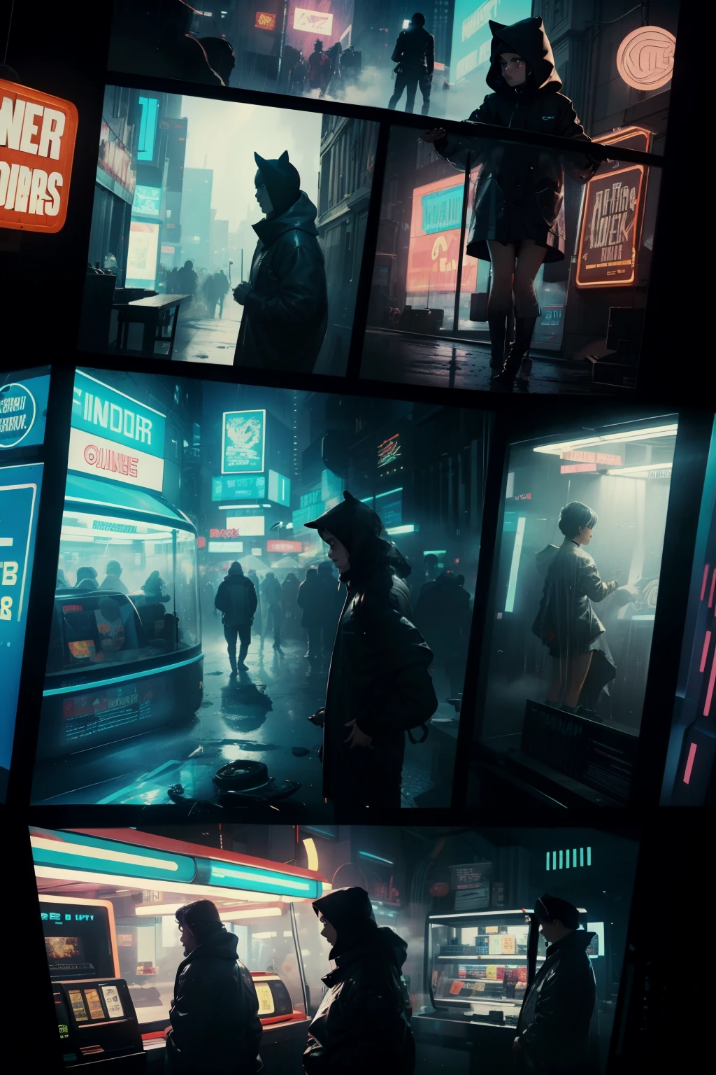 ((highest quality)), ((masterpiece)), (be familiar with), (High definition), (Accurate), (Realistic), (Cinematic), (Best Shadow), (Low contrast), (8K), Perfect Face, ((SYD MEAD style)), manga、mangaデザイン、Storyboard、Frame division、(Woman looking at a large monitor), (Replicant), (Replicant), ((Black Hair, very short hair, Blue Eyes)), (Black hooded raincoat), (The monitor shows an image of myself)、Glittering neon signs、congestion, congestion, Decadent Future City, NEO TOKYO, A.D.2051, (steam:1.2), It's raining white, evening,