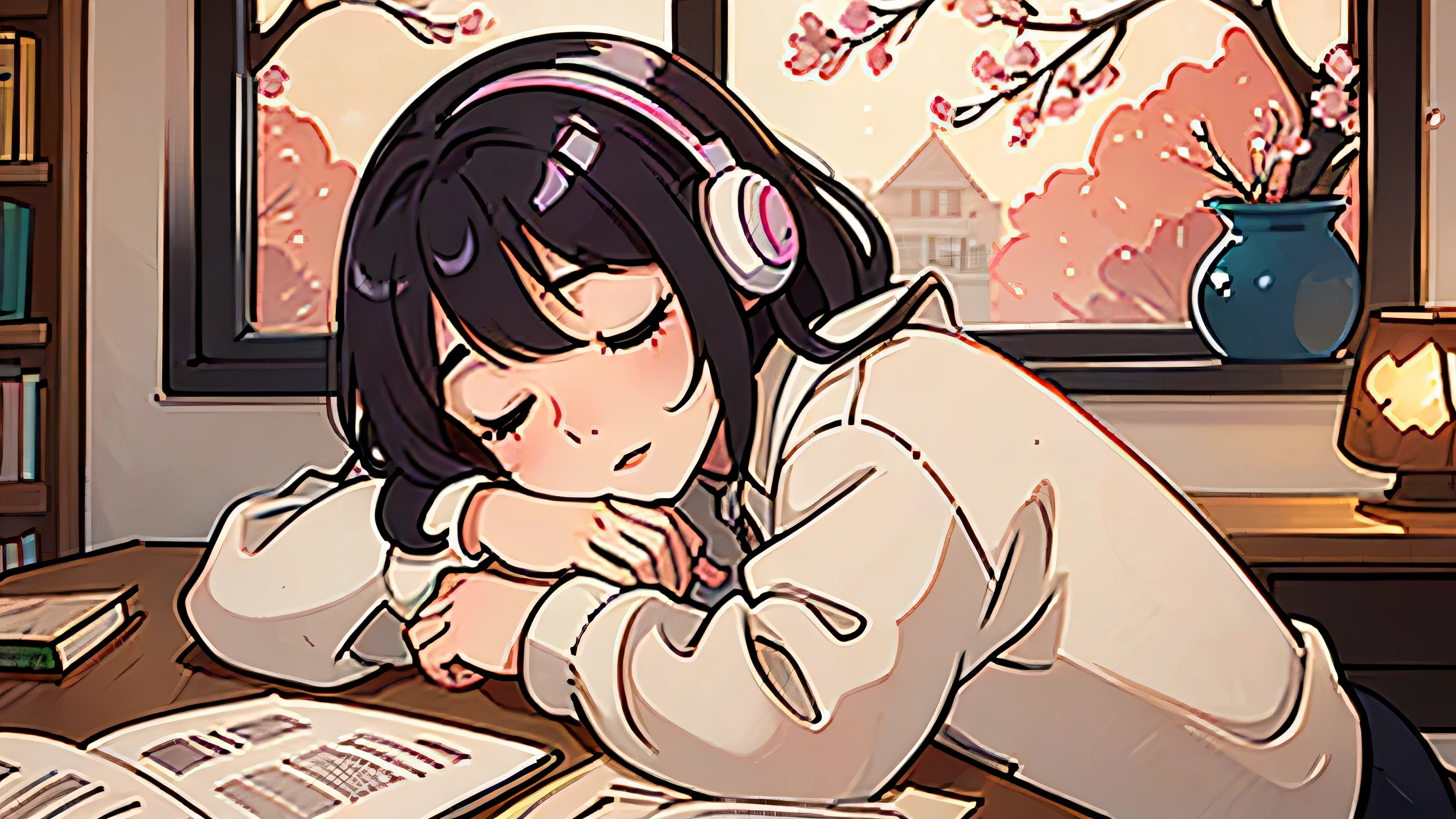 Beautiful girl studying at a desk while listening to music on headphones in her room、Warm lighting、Cherry blossoms are blooming outside the window of my room.、The cat is sleeping、There is a bookshelf、Japanese anime style