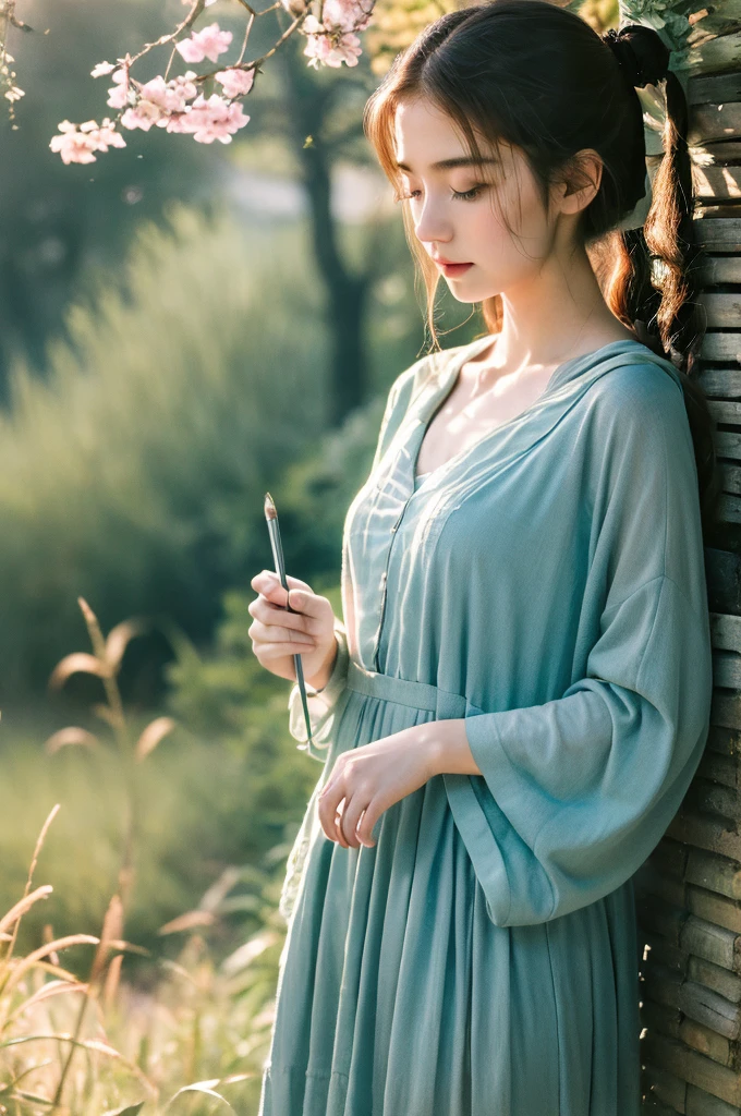 ( masterpiece, top quality, best quality,8k,17 years old girl,ultra detailed,raw photo:1.5),(photorealistic:1.4), (cinematic lighting), PerfectNwsjMajic, , Surrealism, UHD, ccurate, Super detail, textured skin, High detail, Best quality, dynamic angle, White skin,[Beautiful blue eyes], high nose,[flat chest:large breasts:0.5],(1girl),(good anatomy:0.5)), Dreamy atmosphere,expressive brush strokes, mystical ambiance, Artistic interpretation, Stunning Studio Ghibli style costumes, a whimsical illustration, Subtle colors and tones, mystical aura,