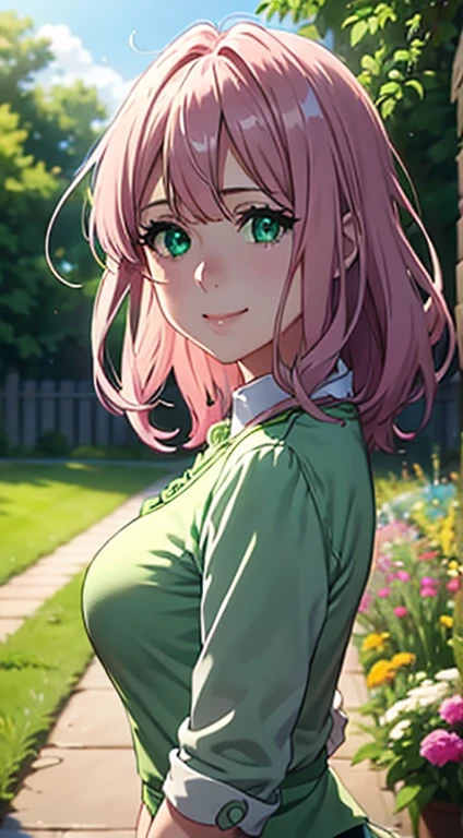 Cute girl, big sized breasts, green colour clothes, white apron, green eyes and pink hair, short skirt, ultra realistic eyes , sunlight and garden background, bright purple eyes, ultra realistic detailed eyes, innocent eyes, looking at camera, beautiful smile, beautiful face,pink colour hair