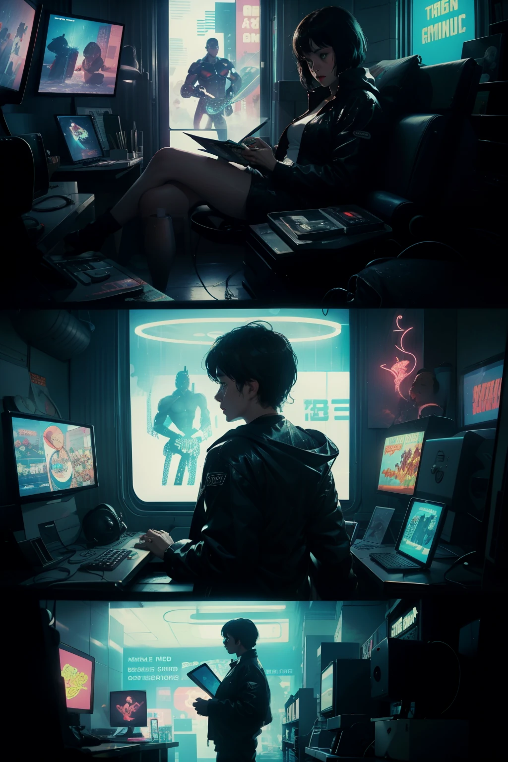 ((highest quality)), ((masterpiece)), (be familiar with), (High definition), (Accurate), (Realistic), (Cinematic), (Best Shadow), (Low contrast), (8K), Perfect Face, ((SYD MEAD style)), manga、mangaデザイン、Storyboard、Frame division、(Woman looking at a large monitor), (Replicant), (Replicant), ((Black Hair, very short hair, Blue Eyes)), (Black hooded raincoat), (The monitor shows an image of myself)、Glittering neon signs、congestion, congestion, Decadent Future City, NEO TOKYO, A.D.2051, (steam:1.2), It's raining white, evening,