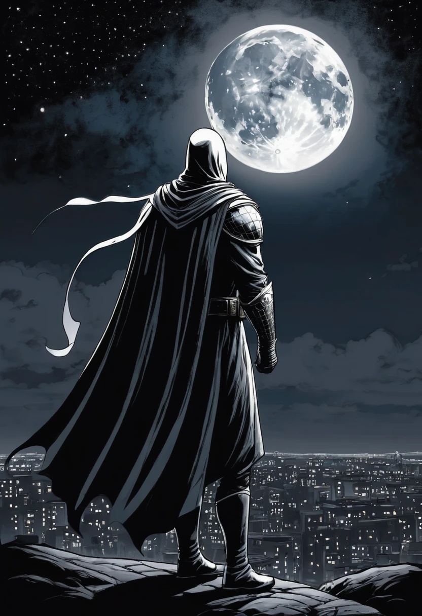 Créez une image d'un personnage nocturne inspiré de Moon Knight, mais au lieu de la lune, it is associated with art. Le personnage porte un vêtement sombre, mysterious costume, avec des motifs artistiques sur son manteau. Il tient un pinceau ou un crayon dans une main, ready to create art in the dark of night. L'arrière-plan doit refléter une atmosphère nocturne, avec des étoiles et des étincelles artistiques.