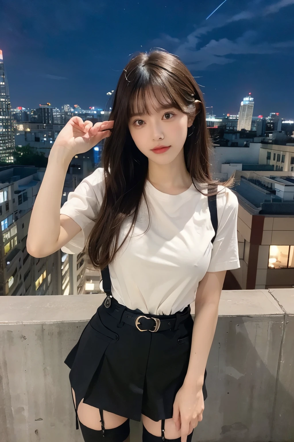 ((Midnight, highest quality, 8k, masterpiece :1.3)), whole body, Long legs, Sharp focus :1.2, Beautiful woman with perfect figure :1.4, Slim Abs :1.1, ((Dark brown hair, Big Breasts :1.2)), (White tight T-shirt, Jean Bib, Are standing:1.2), ((Night city view, rooftop:1.3)), Very detailedな顔と肌の質感, Fine grain, Double eyelids one girl,highest quality,masterpiece,figure,Very delicate and beautiful,CG,Unity,8k wallpaper,wonderful,In detail,masterpiece,Official Art,Very detailed CG Unity 8k wallpaper,Incredibly absurd,Large file size,Very detailedな,High resolution,Very detailed,Beautiful detailed girl,Realistic,from the front,Outdoor, suspenders Large swollen breasts Black mini skirt garter belt Knee-high socks bangs Beauty Hands up Black boots one person Dress shirt Hands Behind Back put your hands behind your back With your hands behind your back Armament holster A room at the Belt Hotel Bed Wall side