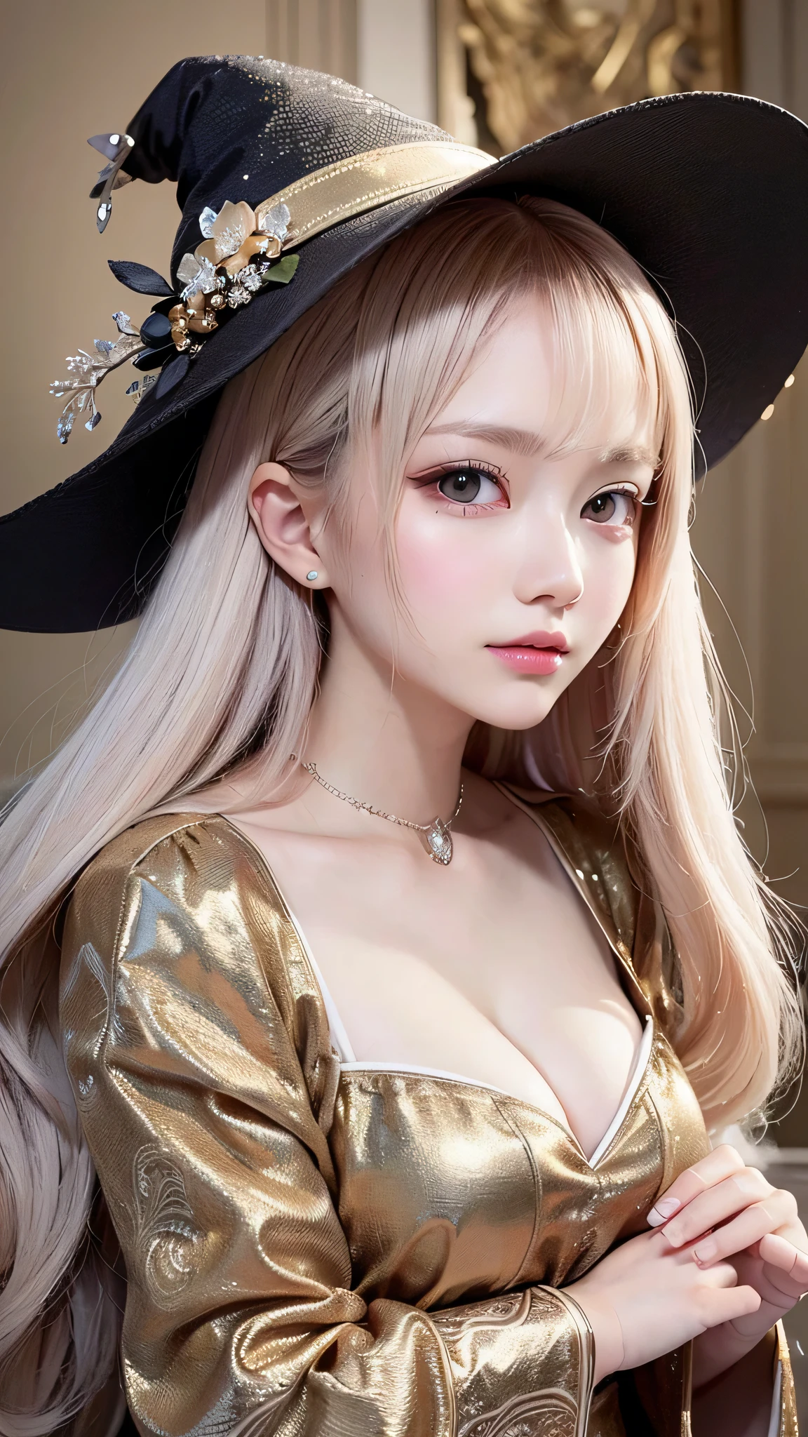 (masterpiece), (Artwork), (great work), (Fine grain), (Delicate skin), (heterochromatic eyes), (Multicolor), (Short white hair with bangs), (Sparkling eyes), (One girl) Wearing a witch hat, Ancient, old, Dressed in gorgeous medieval costume, masterpiece, highest quality, Best Designer, Best illustrations