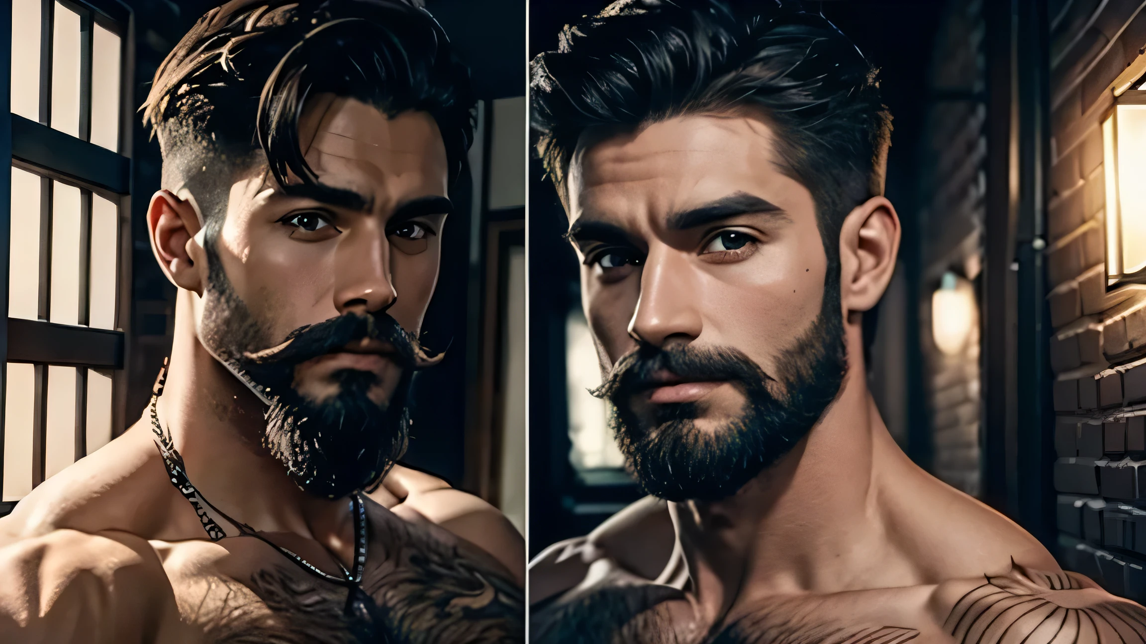 2 BEAUTIFUL MEN AROUND 35 YEARS OLD SHIRTLESS WITH FACIAL HAIR AND HAIRY CHEST SHORT HAIR WEARING JEANS IN A DARK ALLEY