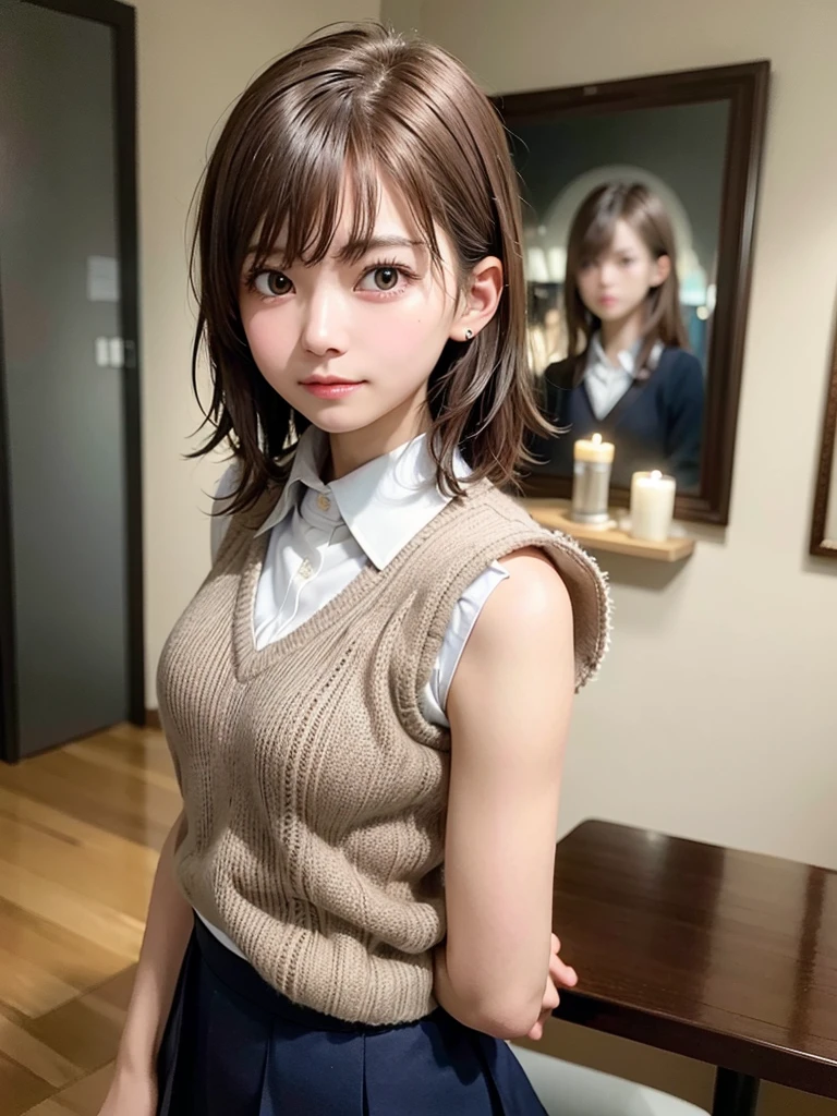 Masterpiece, Top Quality, Top Mikoto, brown eyes, short hair, small breasts, looking at viewer, alone, closed mouth, collared shirt, beige knit vest, dark blue  Skirt, school_uniform, shirt, white_shirt, classroom,Masterpiece, highest quality, 8K, detailed skin texture, fine cloth texture, beautiful detailed face, intricate details, super detailed,cute,cute posing,composition that shows the whole body,