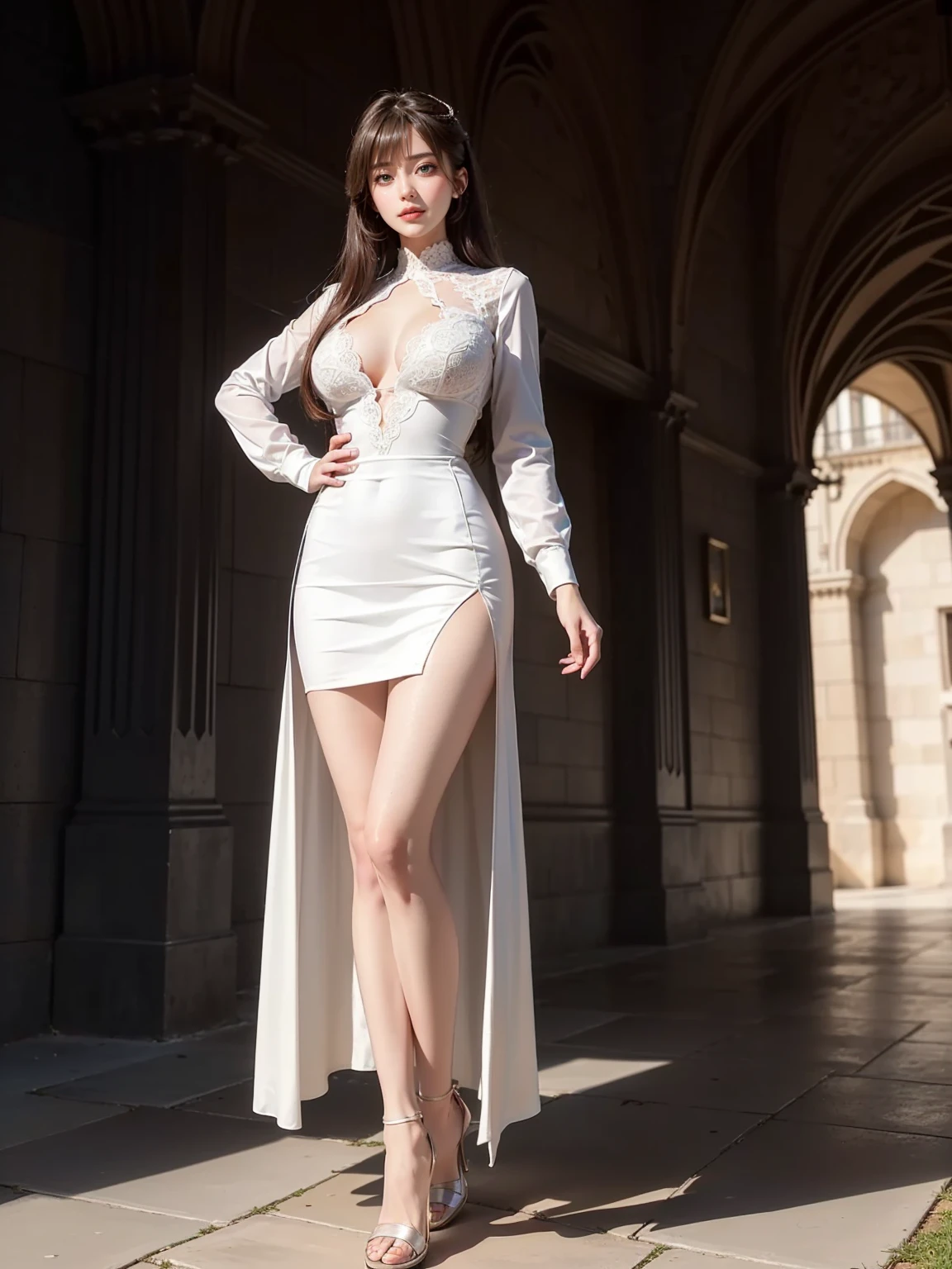 ((Show full body from head to toe, Standing perfectly, standing pose, Body facing to the viewer (Show front body, show center body)). Balance focused camera view, Centered camera view, middle camera view, vertical scape camera. Masterpiece, illustration:1.1, best quality, fine detail, perfect detail, sharp detail, sharp color, 8K, Ultra HD, Ultra-clear portrait, big resolution, perfect lighting, bright lighting, perfect shadow, top quality, sharp focus. Fantasy, medieval, military. A Beautiful woman wearing military uniform with skirt, lace stockings, show heels. Huge breast:1.9, tall body, fit body, Leg length, slender body, pale toned skin, very bright skin, glowing skin, glowing face, bright face, wearing makeup, lipstick, blush. Long hair (random color hair) with bangs, green eyes. Smirking, her eyes looking on camera. The background is outside a castle. clear sky, sunlight, daylight. Standing (Full Body View) (Show Footwear).