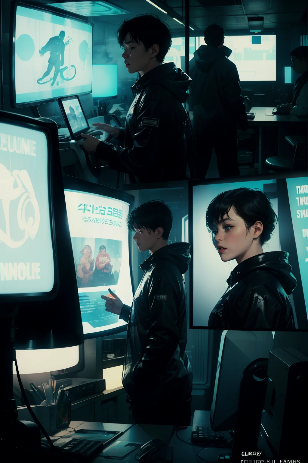 ((highest quality)), ((masterpiece)), (be familiar with), (High definition), (Accurate), (Realistic), (Cinematic), (Best Shadow), (Low contrast), (8K), Perfect Face, ((SYD MEAD style)), manga、mangaデザイン、Storyboard、Frame division、(Woman looking at a large monitor), (Replicant), (Replicant), ((Black Hair, very short hair, Blue Eyes)), (Black hooded raincoat), (The monitor shows an image of myself)、Glittering neon signs、congestion, congestion, Decadent Future City, NEO TOKYO, A.D.2051, (steam:1.2), It's raining white, evening,