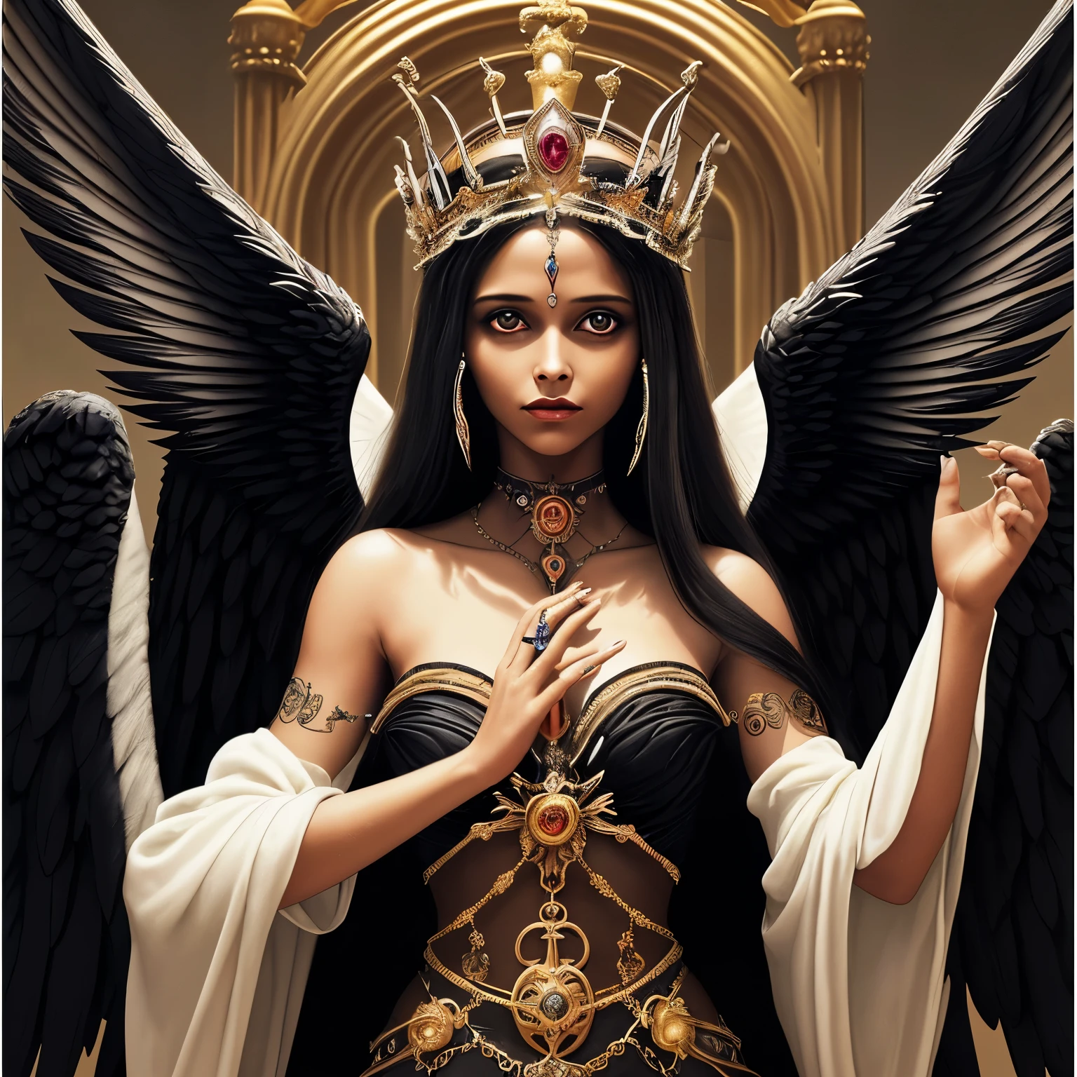 Crie uma divindade totalmente preta. It has 6 wings and on each wing a number of eyes. Your presence is like that of a soul. She is the queen of all the gods.
