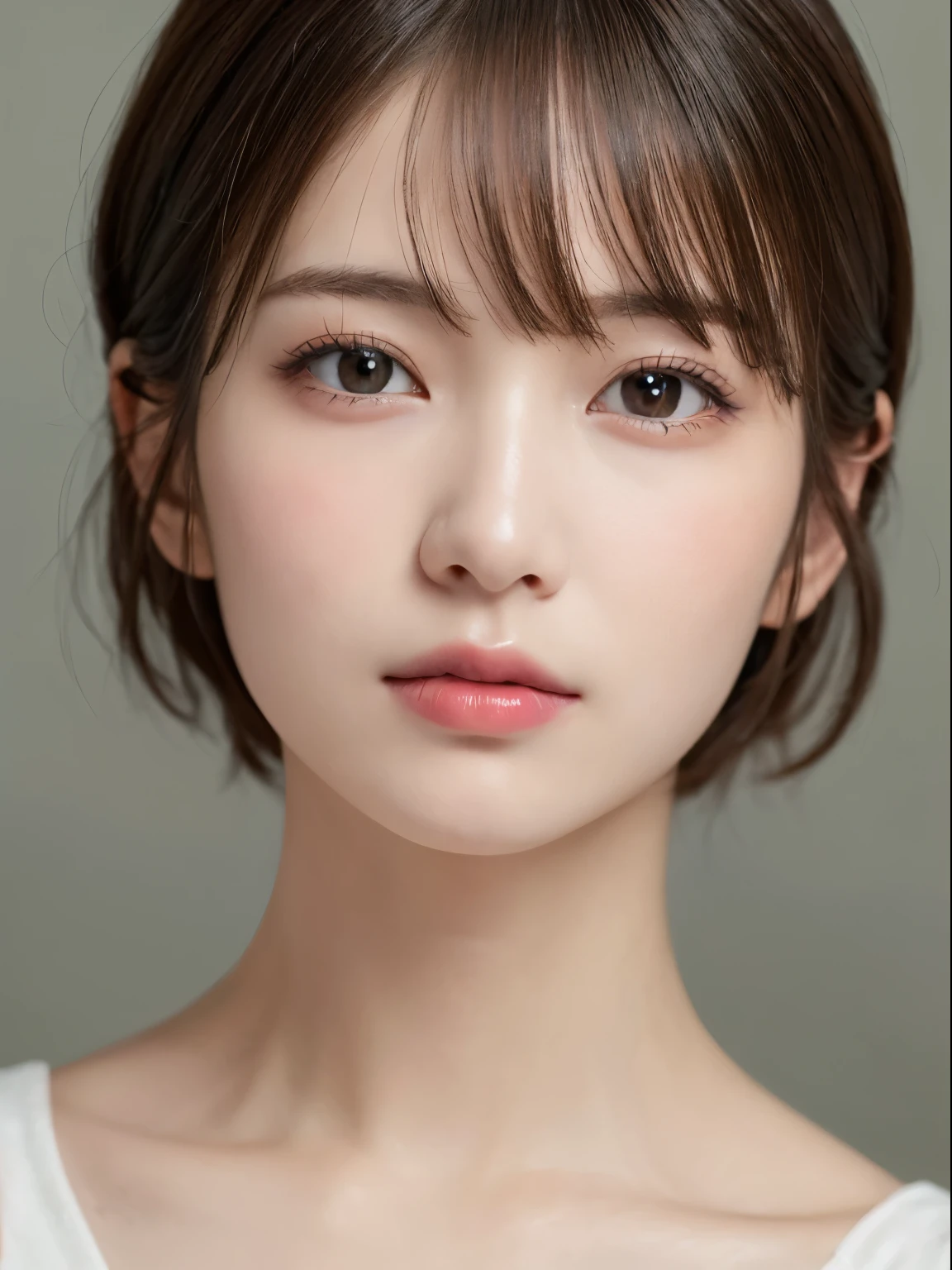 ((Close-up of face:1.4))、(masterpiece:1.5)、(8k)、(Realistic:1.5)、RAW Photos、(Best image quality:1.4)、(Sharp focus:1.5)、 highest quality、masterpiece、超A high resolution、Perfect dynamic composition、 20-year-old、thin、Beautiful woman:1.4、Serious expression、 In the living room、Strapless bra、 Light brown hair、Bobcut、Shiny Hair、 Highly detailed face、Fine grain、double eyelid、 Natural color lip、Clear Skin、