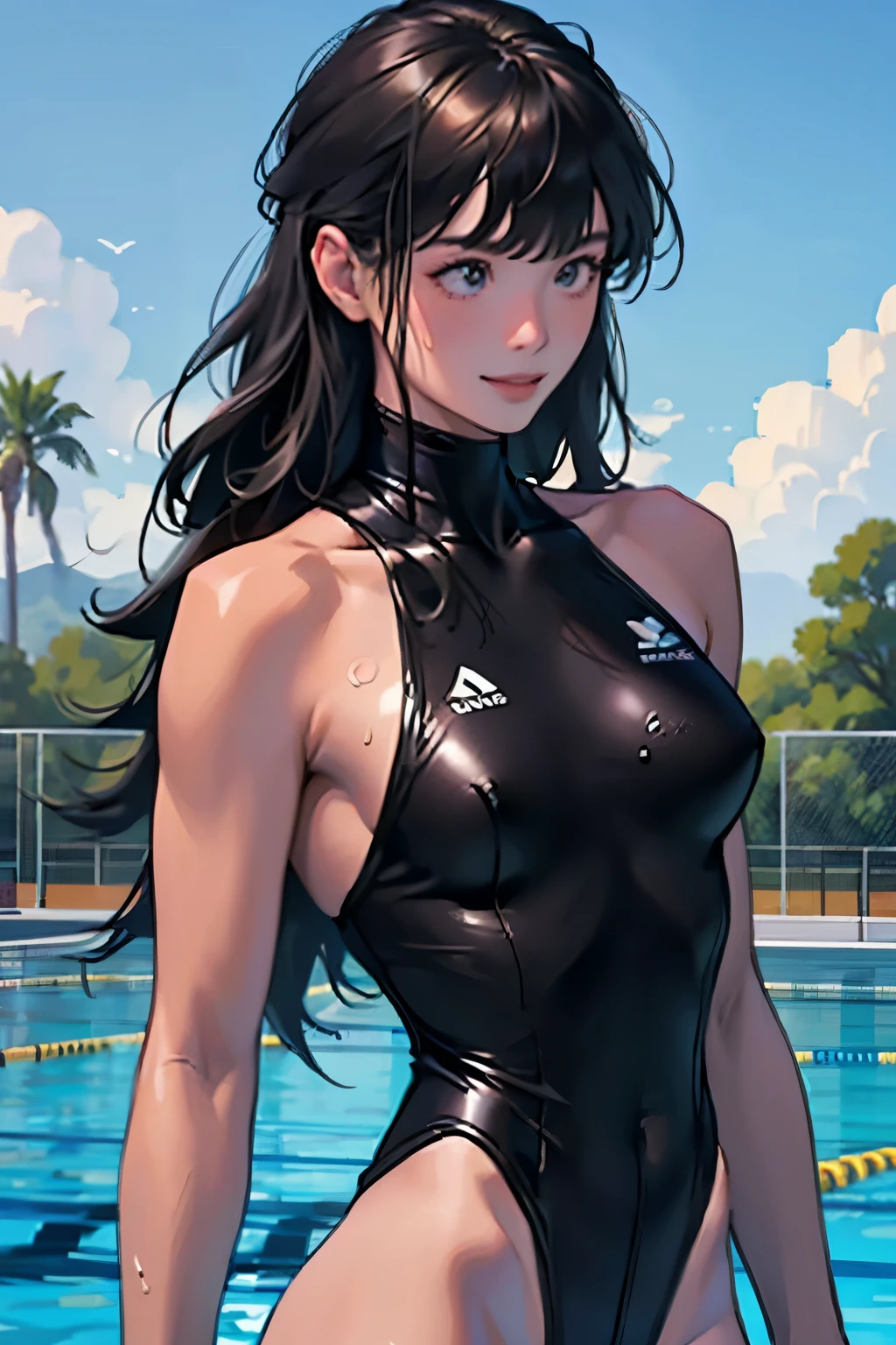 masterpiece、highest quality、High resolution、Two realistic girls、Competitive swimmer、Close-up of a person、wearing a black bodysuit、During Competitive swimmerics competitions、smile、Swimming Venues、Sexy competitive swimsuit