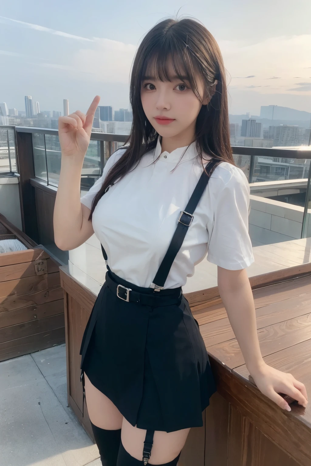 ((Midnight, highest quality, 8k, masterpiece :1.3)), whole body, Long legs, Sharp focus :1.2, Beautiful woman with perfect figure :1.4, Slim Abs :1.1, ((Dark brown hair, Big Breasts :1.2)), (White tight T-shirt, Jean Bib, Are standing:1.2), ((Night city view, rooftop:1.3)), Very detailedな顔と肌の質感, Fine grain, Double eyelids one girl,highest quality,masterpiece,figure,Very delicate and beautiful,CG,Unity,8k wallpaper,wonderful,In detail,masterpiece,Official Art,Very detailed CG Unity 8k wallpaper,Incredibly absurd,Large file size,Very detailedな,High resolution,Very detailed,Beautiful detailed girl,Realistic,from the front,Outdoor,　suspenders　　　Large swollen breasts　　 　 　　　　Black mini skirt　garter belt　Knee-high socks　　　　　　　bangs 　　　　　Beauty　　Hands up　　 　　Black boots 　　　　one person 　　　Dress shirt　　　Hands Behind Back　put your hands behind your back　　With your hands behind your back　Armament　holster　　A room at the Belt Hotel　Bed　Wall side　