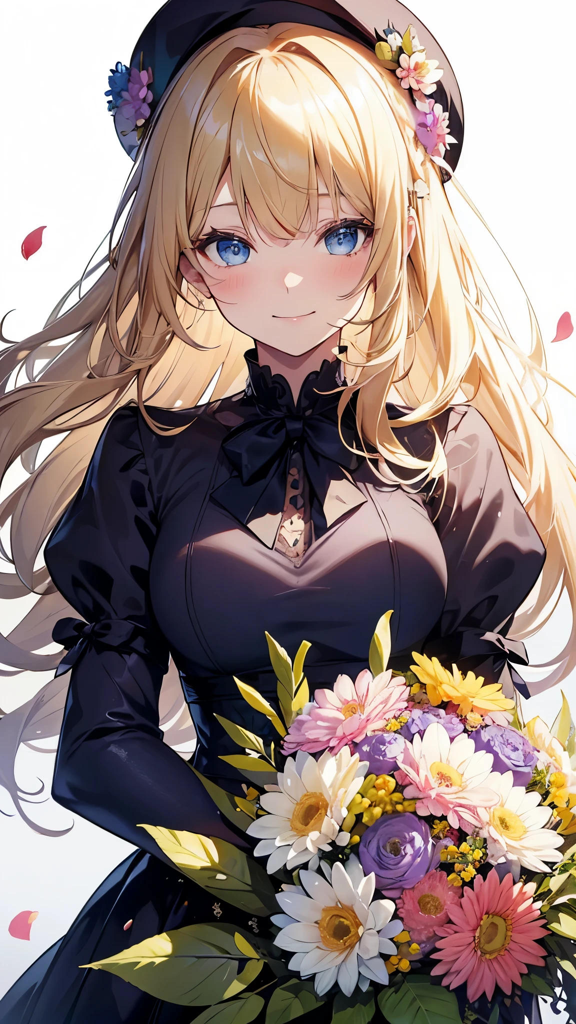 a young woman with bright blonde hair standing next to a bunch of flowers and wearing a hat, 1 girl, flower, alone, blue eyes, smile, flower bunch, Looking at the audience, Blonde, white background, colorful flower, bow, blush, background, Holding, Upper Body, close、 head shot, bangs, Holding flower bunch,