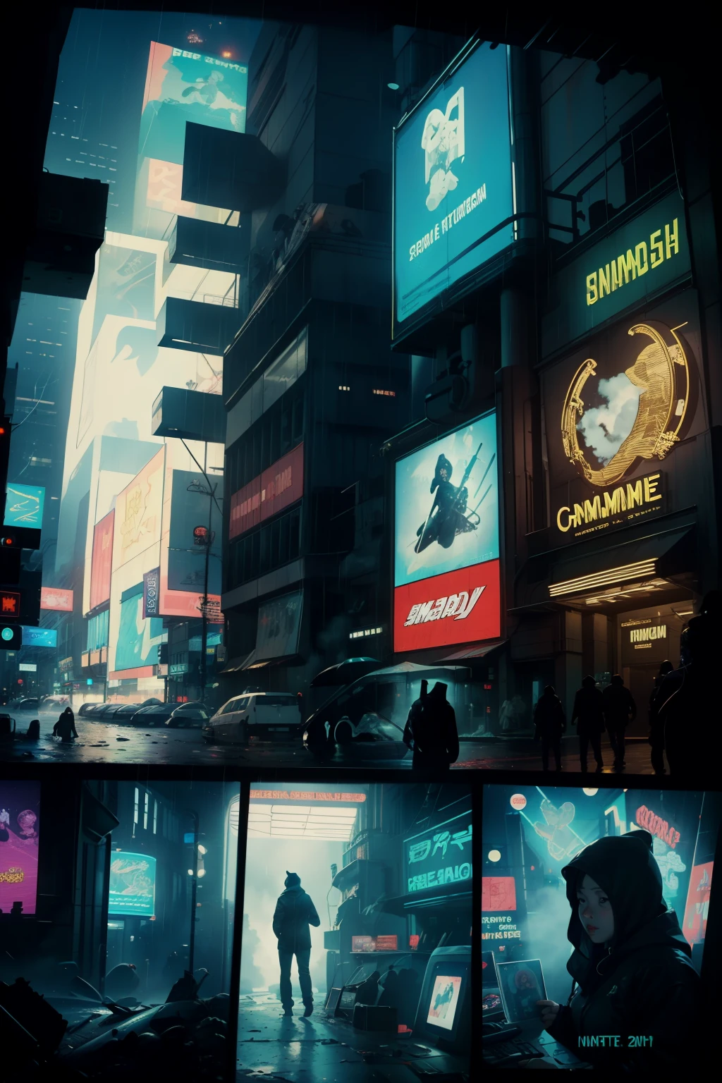 ((highest quality)), ((masterpiece)), (be familiar with), (High definition), (Accurate), (Realistic), (Cinematic), (Best Shadow), (Low contrast), (8K), Perfect Face, ((SYD MEAD style)), manga、mangaデザイン、Storyboard、Frame division、(Woman looking at a large monitor), (Replicant), (Replicant), ((Black Hair, very short hair, Blue Eyes)), (Black hooded raincoat), (The monitor shows an image of myself)、Glittering neon signs、congestion, congestion, Decadent Future City, NEO TOKYO, A.D.2051, (steam:1.2), It's raining white, evening,