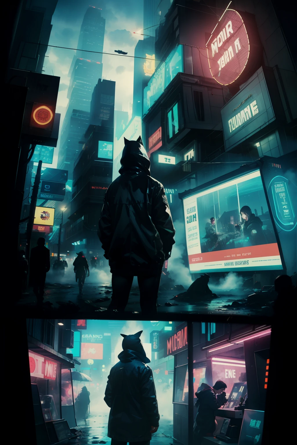 ((highest quality)), ((masterpiece)), (be familiar with), (High definition), (Accurate), (Realistic), (Cinematic), (Best Shadow), (Low contrast), (8K), Perfect Face, ((SYD MEAD style)), manga、mangaデザイン、Storyboard、Frame division、(Woman looking at a large monitor), (Replicant), (Replicant), ((Black Hair, very short hair, Blue Eyes)), (Black hooded raincoat), (The monitor shows an image of myself)、Glittering neon signs、congestion, congestion, Decadent Future City, NEO TOKYO, A.D.2051, (steam:1.2), It's raining white, evening, 