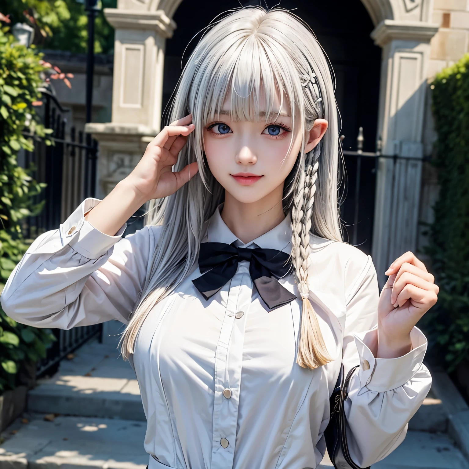 masterpiece、highest quality、beta、Long white hair、(((school uniform)))、Upper body close-up、Long, narrow eyes、Nihilistic smile、Big Breasts、Top view 、Background of the entrance gate of a very large mansion