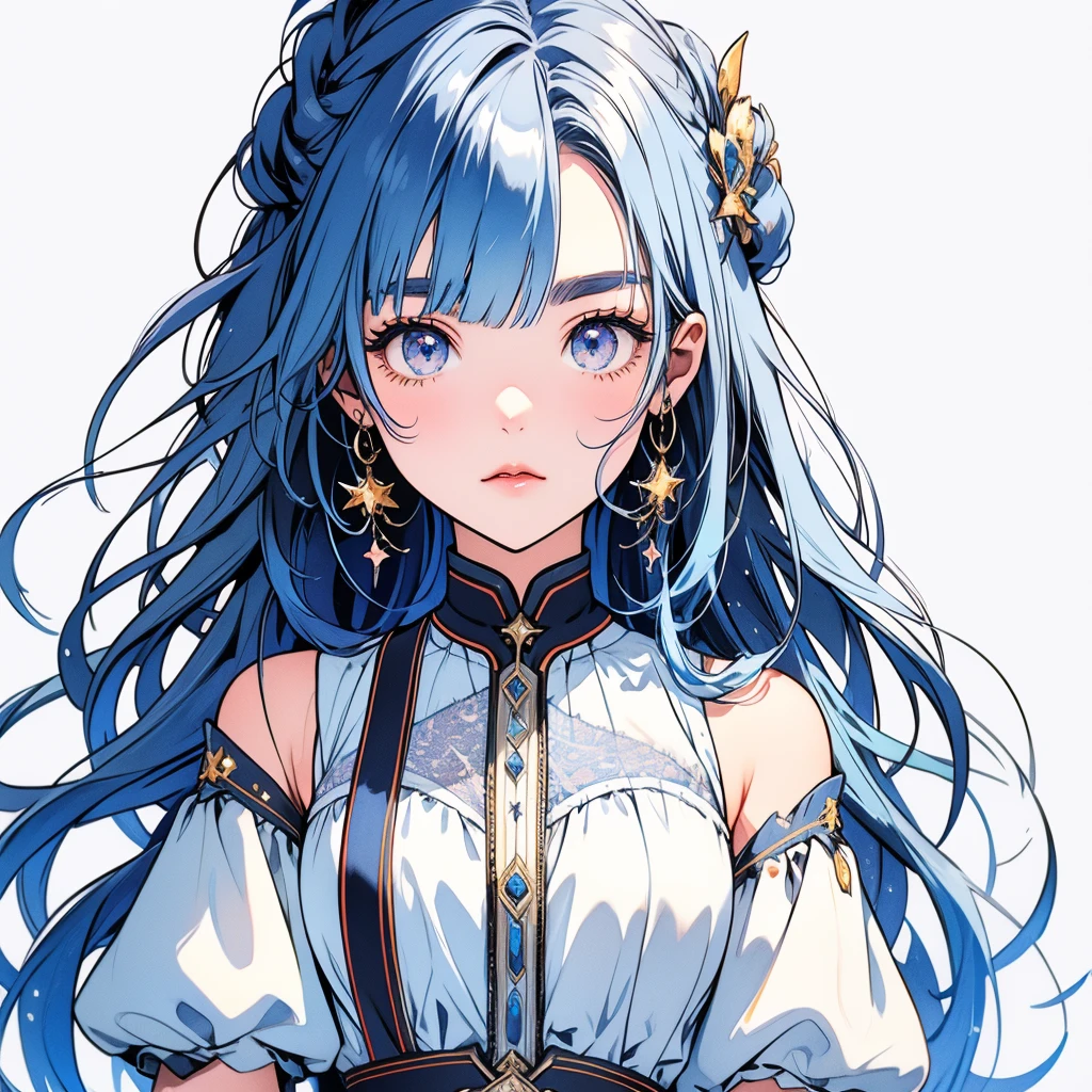 Star Fairy、Milky white long hair、Vtuber half、Bangs shorter than eyebrows Aster Piece、highest quality、Best illustration、Super fine、Upper Body、solo、1 girl、looking at the camera、upright、Arms at your sides、Beautiful delicate eyes、Concept Art、More frontal、White background、Simple Background、Droopy and large eyes、Ultra-fine mesh、Sparkling Eye Silky White and Blue Gradient Long Hair、Short sleeve、Watercolor pencil、Kind Face、Virtual YouTuber、