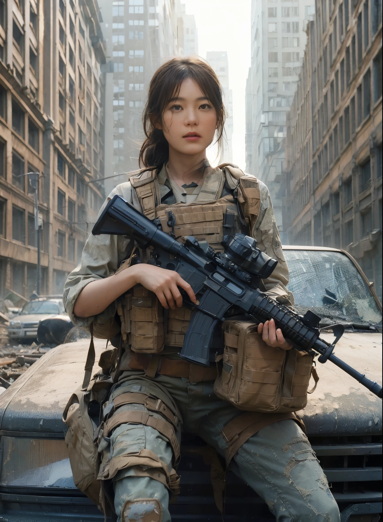 8K, realistic photo, realistic skin texture, Beautiful Japanese women in the US military、Outside a dilapidated building in a back alley、Operation End、Car buried in rubble、Automatic rifle、Bulletproof vest、backpack、boots、Covered in scars、Grim expression、Dynamic pose、Innovative composition、