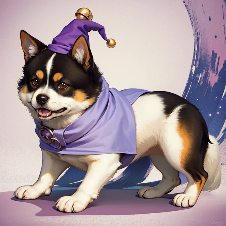 Shiba Inu puppy wearing a purple wizard hat