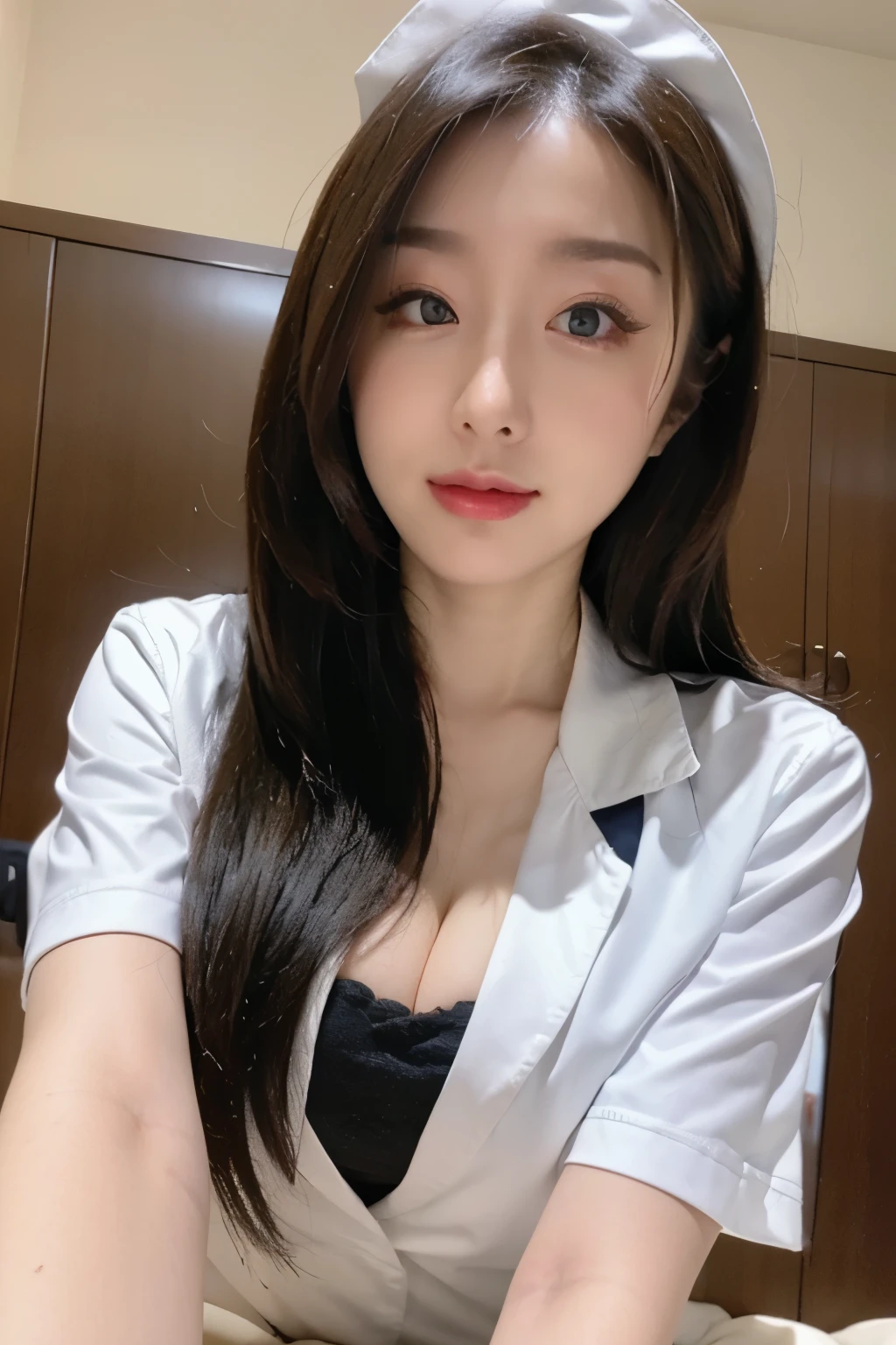 (highest quality, 8k, 32k, masterpiece, Ultra-high resolution:1.2),Beautiful Japanese Women Photos, One girl, (Large Breasts), double eyelid, White nurse uniform,  white nurse (cap), White shirt, Open shirt, hospital, Patient's room, sexy、whole body、Spread your legs、On the bed