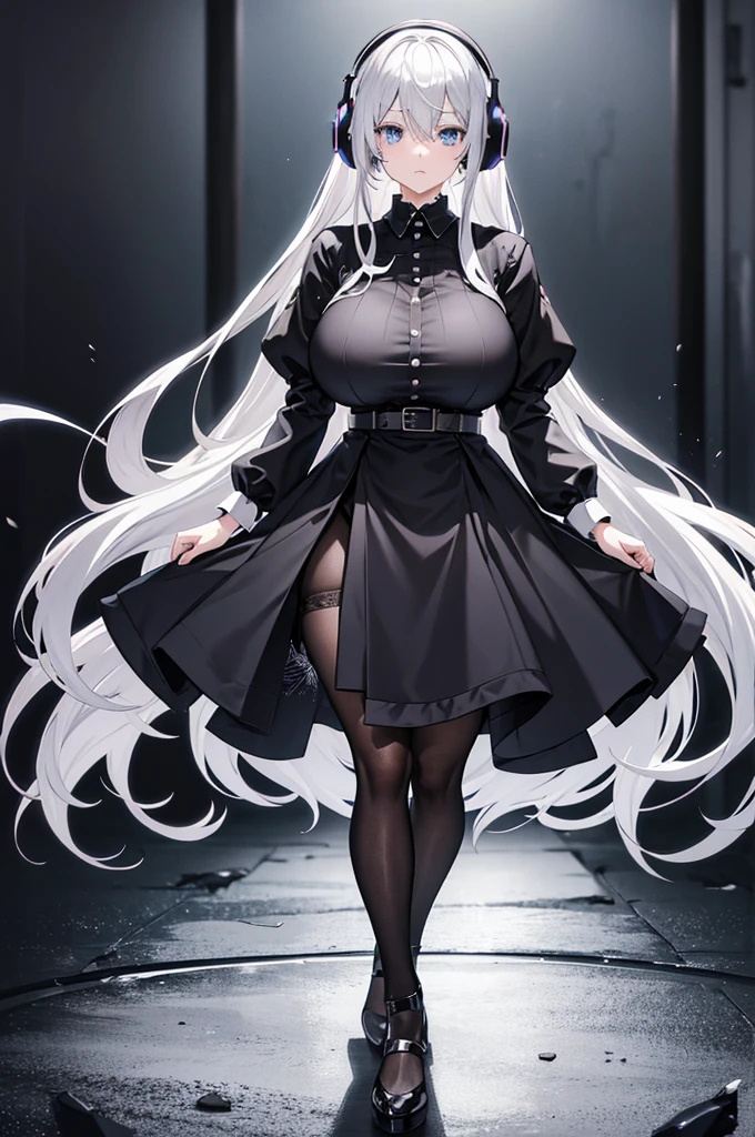 "Anime Girl, 1 person, Silver hair mixed with black, blue eyes, put on headphones, woman shirt, woman ,Tights, Stand cross-legged, gothic lolita、whole body ,Solitary, (Full HD 4K+ image)",(The belly is huge，Huge breasts：1.8)，The belly is huge
