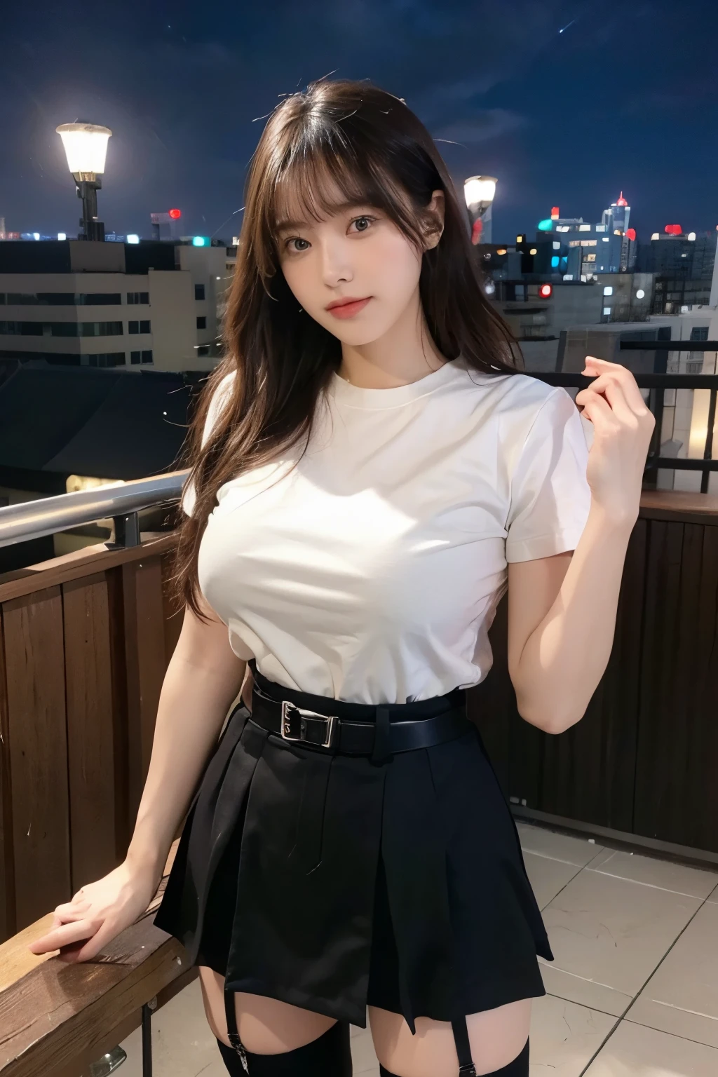 ((Midnight, highest quality, 8k, masterpiece :1.3)), whole body, Long legs, Sharp focus :1.2, Beautiful woman with perfect figure :1.4, Slim Abs :1.1, ((Dark brown hair, Big Breasts :1.2)), (White tight T-shirt, Jean Bib, Are standing:1.2), ((Night city view, rooftop:1.3)), Very detailedな顔と肌の質感, Fine grain, Double eyelids one girl,highest quality,masterpiece,figure,Very delicate and beautiful,CG,Unity,8k wallpaper,wonderful,In detail,masterpiece,Official Art,Very detailed CG Unity 8k wallpaper,Incredibly absurd,Large file size,Very detailedな,High resolution,Very detailed,Beautiful detailed girl,Realistic,from the front,Outdoor,　suspenders　　　Large swollen breasts　　 　 　　　　Black mini skirt　garter belt　Knee-high socks　　　　　　　bangs 　　　　　Beauty　　Hands up　　 　　Black boots 　　　　one person 　　　Dress shirt　　　Hands Behind Back　put your hands behind your back　　With your hands behind your back　Armament　holster　　A room at the Belt Hotel　Bed　Wall side　