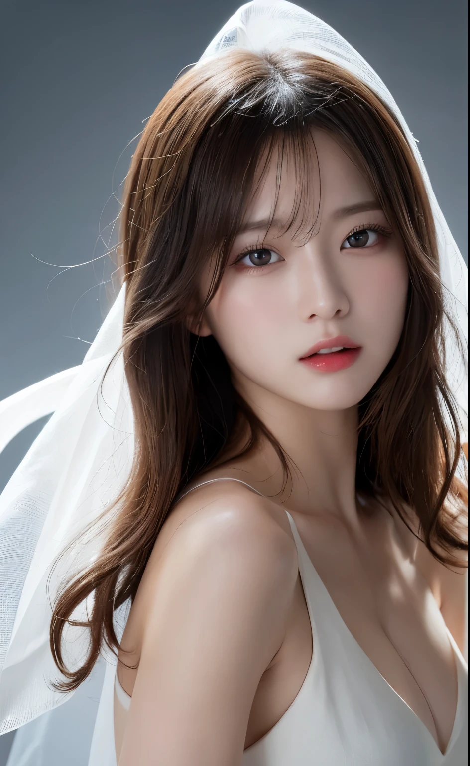 Tabletop, highest quality, figure, Very detailed, In detail, High resolution, 8k wallpaper, Perfect dynamic composition, Face without makeup, Transparent muscle, Beautiful fine details, Naked in the white cloth, Sexy Face, (Open your mouth:0.8), Dazzling white light background