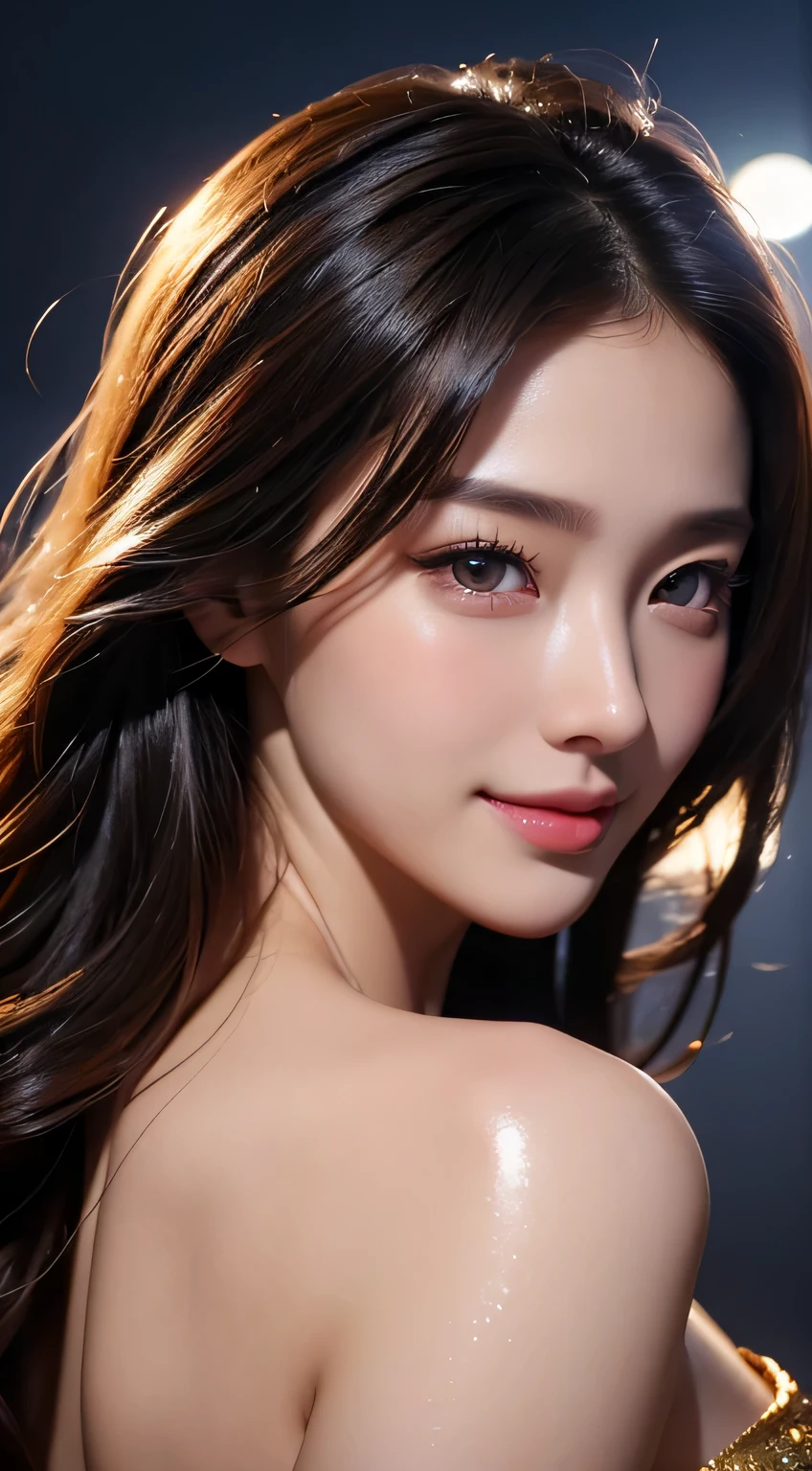 Beautiful woman in kimono，body portrait、8k，fine and beautiful eyes，Dindal effect、masterpiece, 最high quality, high quality, High resolution、very detailed photos、(natural skin texture、fine skin、hyper realism、Super sharpness)、high detail skin、(very detailed、fine skin texture、intricate details、beautiful face、(lifelike face)、realistic eyes、beautiful and detailed eyes、real looking skin、beautiful skin、surreal、very detailed、golden ratio、with smiling eyes、((night moonlight background))、body portrait、G cup、big breasts,glamorous,shiny bodysuit