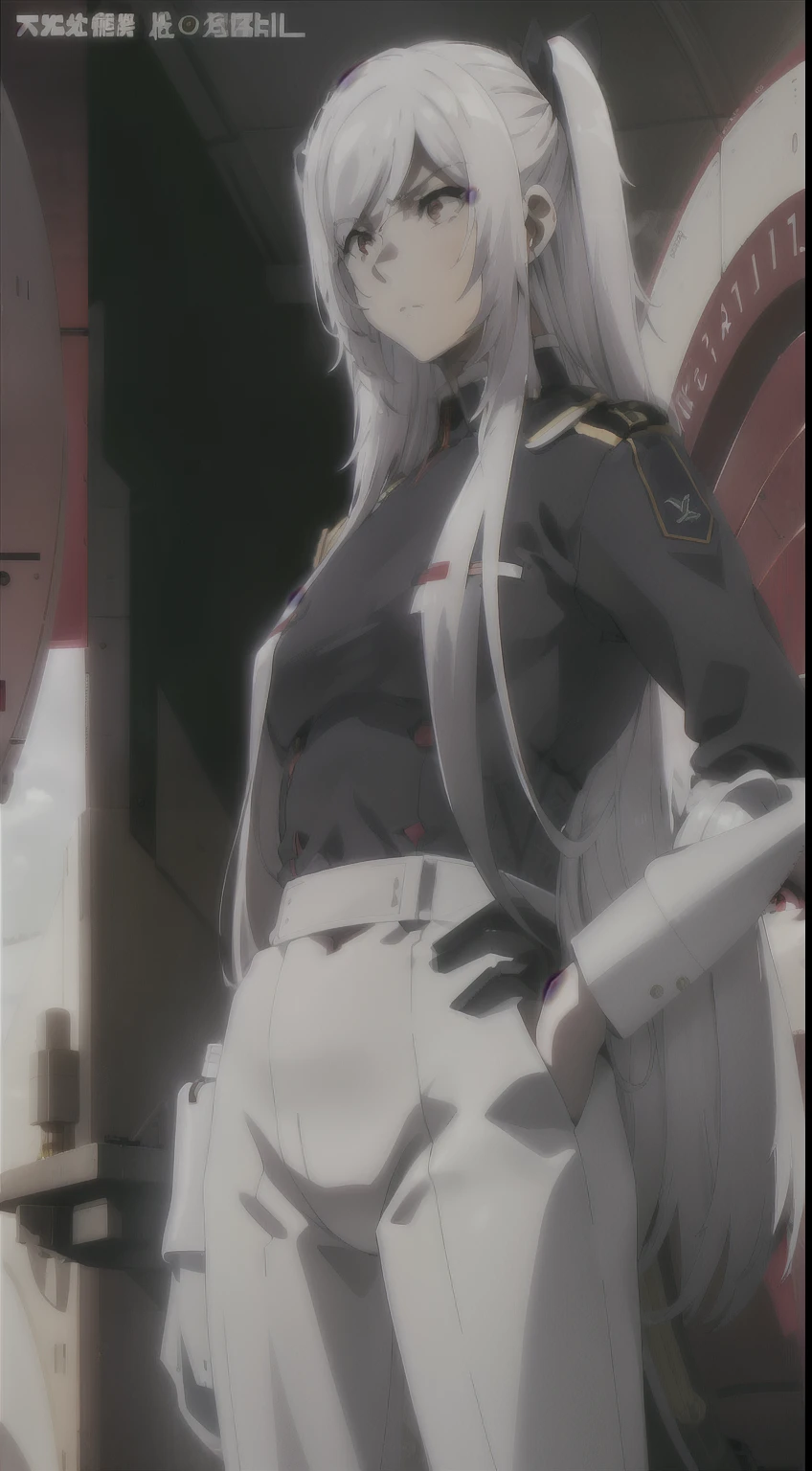 Trailer Cover,Realistic,White Air Force Uniform,(Realistic Face Resolution),Posing Cinematic,Adult,Skinny,Small,(Alexia, White Hair, Red Eyes),Evil Face,Science Fiction,Sci-fi,Different Characters