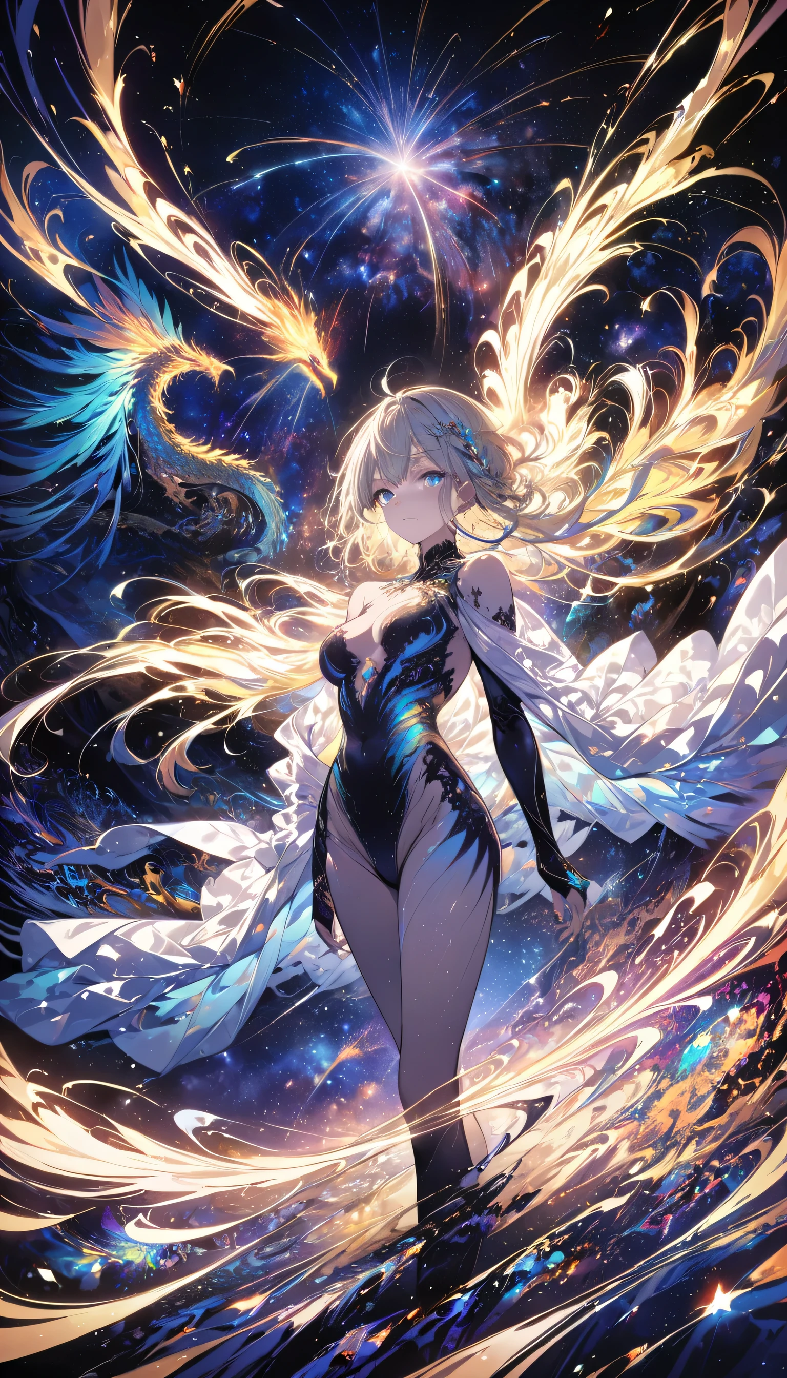 (masterpiece, highest quality, highest quality, Official Art, beautifully、aesthetic:1.2), (One girl), Highly detailed eyes, (Fractal Art:1.3), colorful, Most detailed, (Perfect Face), Shiny skin, High resolution, (White cloak, golden lines:1.2), Milky Way, (Streaks of Light), Impressive visuals, (Dynamic stripes, Light trail:1.2), Vibrant colors, (Phoenix), (Dragon)
