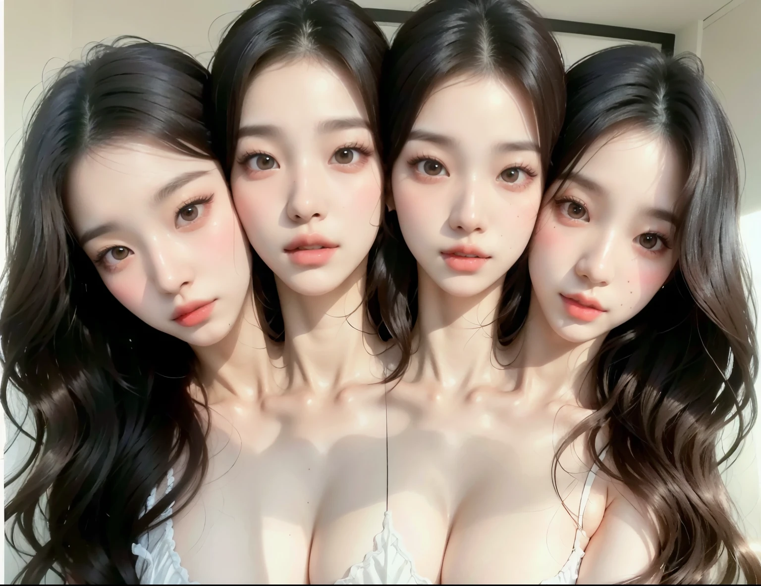 bestresolution, (2heads:1.2), three women with long hair and red lipstick posing for a picture, ulzzang, wan adorable korean face, jaeyeon nam, inspired by Ma Yuanyu, jinyoung shin, with cute doting eyes, cute korean actress, kim doyoung, with cute - fine - face, korean symmetrical face, high-quality 4k portrait, [ realistic photography ]