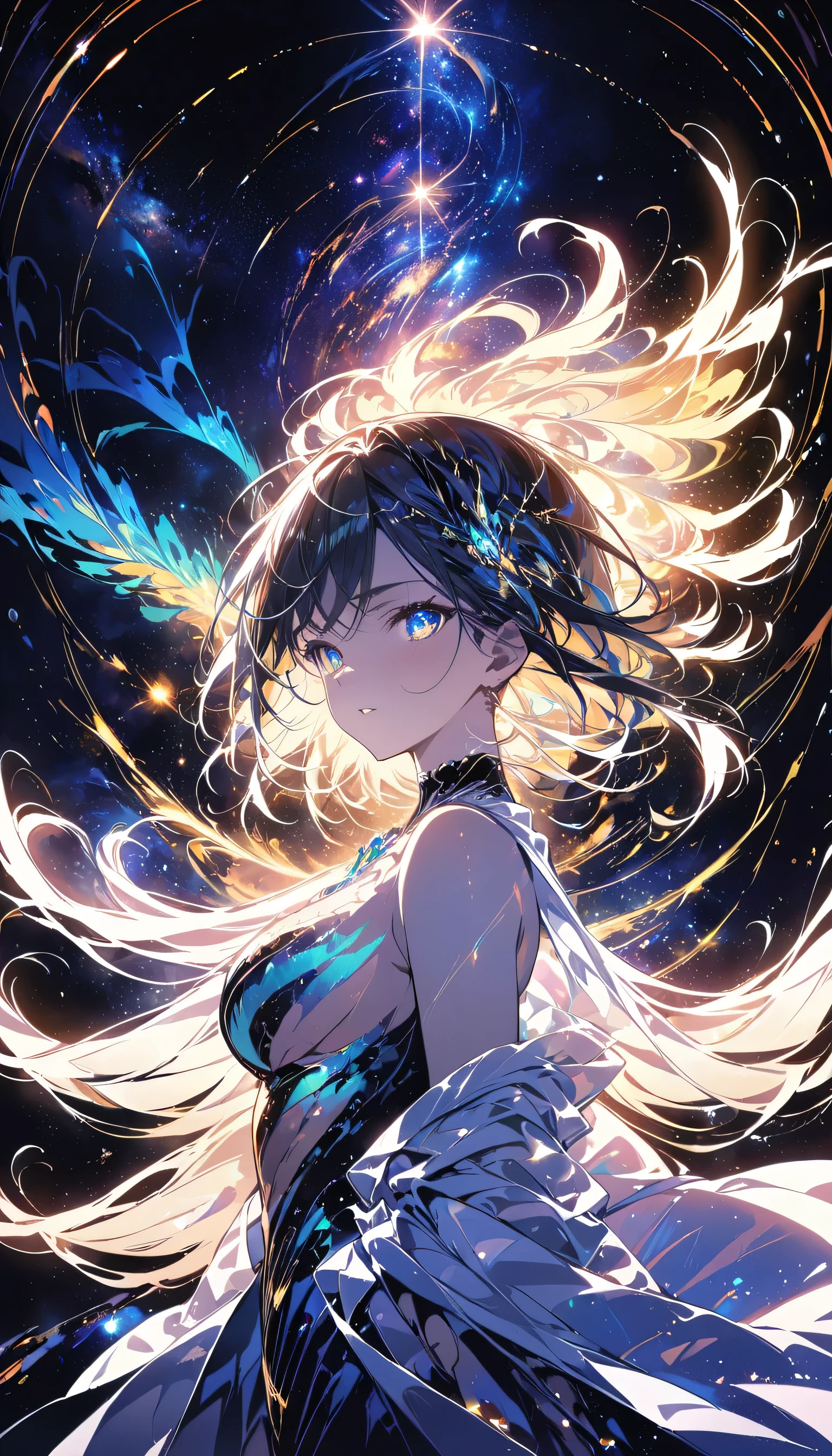 (masterpiece, highest quality, highest quality, Official Art, beautifully、aesthetic:1.2), (One girl), Highly detailed eyes, (Fractal Art:1.3), colorful, Most detailed, (Perfect Face), Shiny skin, High resolution, (White cloak, golden lines:1.2), Milky Way, (Streaks of Light), Impressive visuals, (Dynamic stripes, Light trail:1.2), Vibrant colors, (Phoenix), (Dragon)