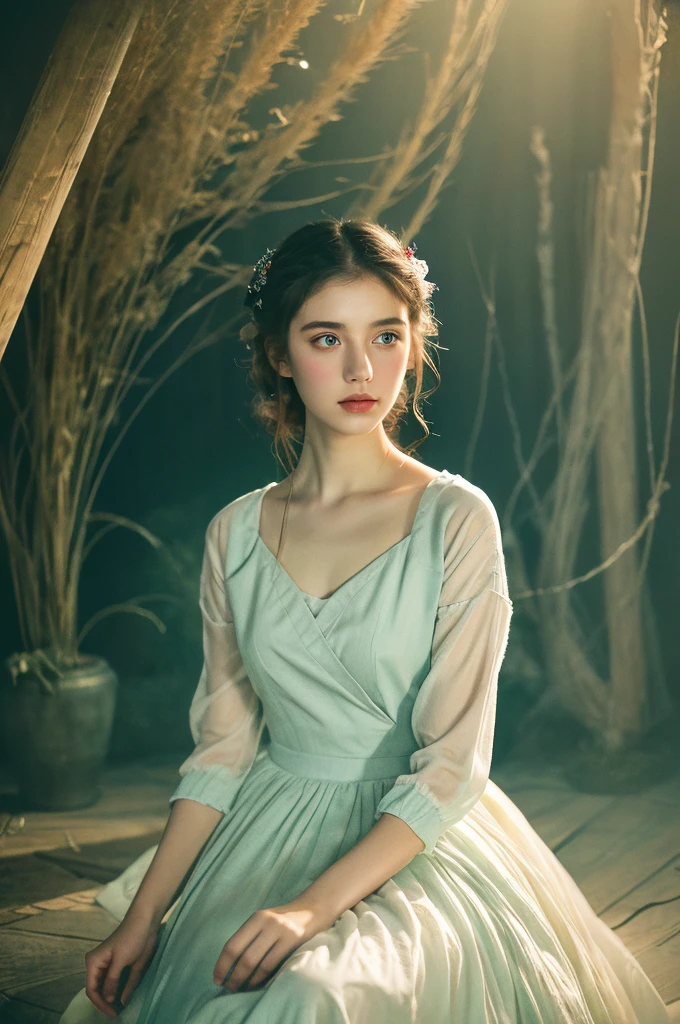 ( masterpiece, top quality, best quality,8k,17 years old girl,ultra detailed,raw photo:1.5),(photorealistic:1.4), (cinematic lighting), PerfectNwsjMajic, , Surrealism, UHD, ccurate, Super detail, textured skin, High detail, Best quality, dynamic angle, White skin,[Beautiful blue eyes], high nose,[flat chest:large breasts:0.5],(1girl),(good anatomy:0.5)), Dreamy atmosphere,expressive brush strokes, mystical ambiance, Artistic interpretation, Stunning Studio Ghibli style costumes, a whimsical illustration, Subtle colors and tones, mystical aura,