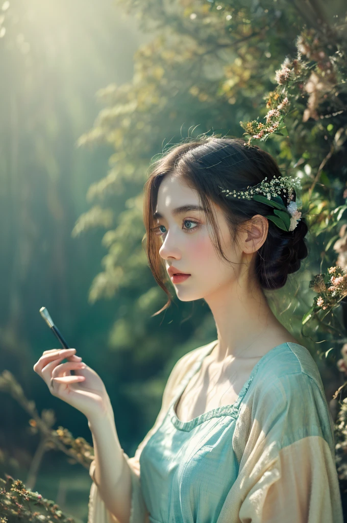 ( masterpiece, top quality, best quality,8k, girl,ultra detailed,raw photo:1.5),(photorealistic:1.4), (cinematic lighting), PerfectNwsjMajic, , Surrealism, UHD, ccurate, Super detail, textured skin, High detail, Best quality, dynamic angle, White skin,[Beautiful blue eyes], high nose,[flat chest:large breasts:0.5],(1girl),(good anatomy:0.5)), Dreamy atmosphere,expressive brush strokes, mystical ambiance, Artistic interpretation, Stunning Studio Ghibli style costumes, a whimsical illustration, Subtle colors and tones, mystical aura,