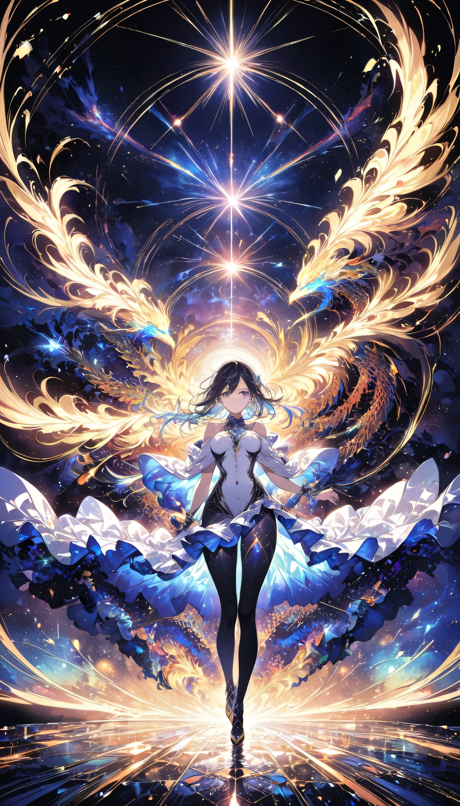 (masterpiece, highest quality, highest quality, Official Art, beautifully、aesthetic:1.2), (One girl), Highly detailed eyes, (Fractal Art:1.3), colorful, Most detailed, (Perfect Face), Shiny skin, High resolution, (White cloak, golden lines:1.2), Milky Way, (Streaks of Light), Impressive visuals, (Dynamic stripes, Light trail:1.2), Vibrant colors, (Phoenix), (Dragon)