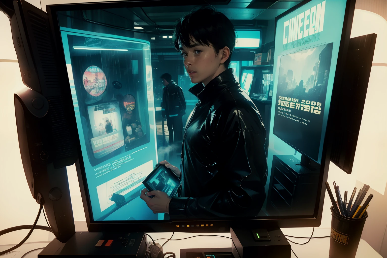 ((highest quality)), ((masterpiece)), (be familiar with), (High definition), (Accurate), (Realistic), (Cinematic), (Best Shadow), (Low contrast), (8K), Perfect Face, ((SYD MEAD style)), manga、mangaデザイン、Storyboard、Frame division、(Woman looking at a large monitor), (Replicant), (Replicant), ((Black Hair, very short hair, Blue Eyes)), (Black hooded raincoat), (The monitor shows an image of myself)、Glittering neon signs、congestion, congestion, Decadent Future City, NEO TOKYO, A.D.2051, (steam:1.2), It's raining white, evening, 