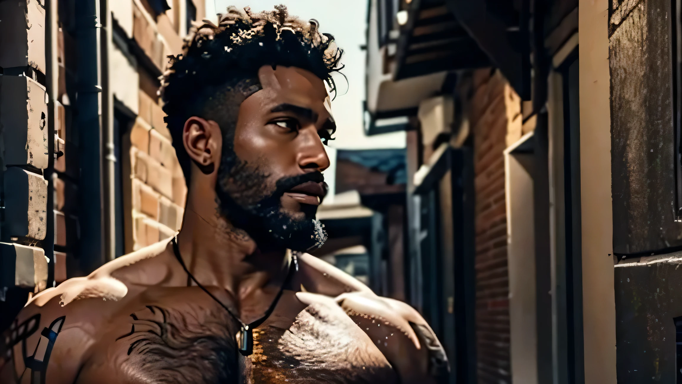 2 BEAUTIFUL BLACK MEN AROUND 40 YEARS OLD SHIRTLESS WITH FACIAL HAIR AND HAIRY CHEST SHORT HAIR WEARING JEANS IN A DARK ALLEY