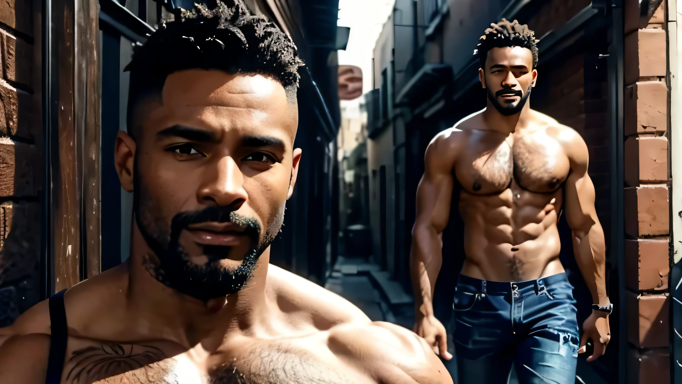 2 BEAUTIFUL BLACK MEN AROUND 40 YEARS OLD SHIRTLESS WITH FACIAL HAIR AND HAIRY CHEST SHORT HAIR WEARING JEANS IN A DARK ALLEY