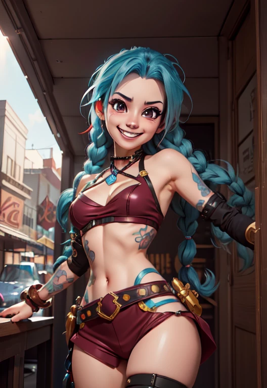 jinx, grin, portrait,, (acclaimed, alluring, captivating, exciting, gorgeous, striking:1.3), charming, (trending on CGSociety, trending on pixiv, contest winner:1.3)